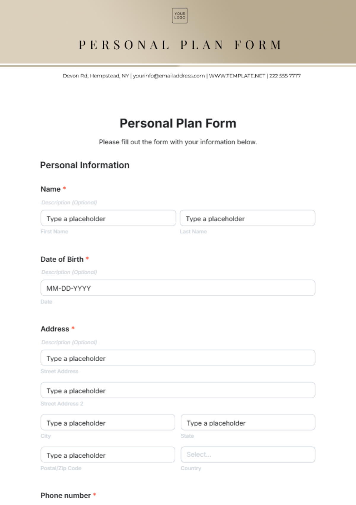 Free Personal Plan Form Template