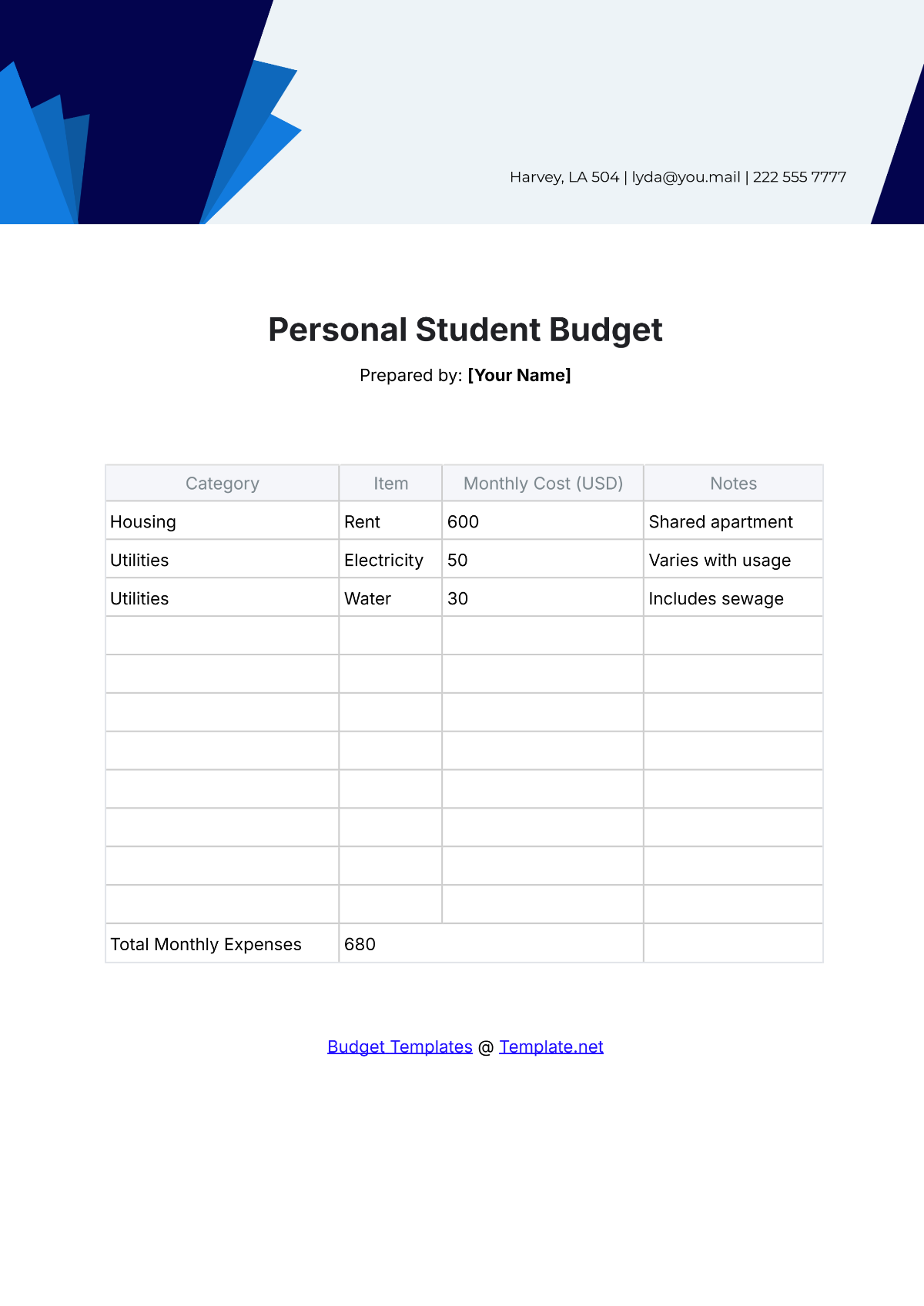 Free Personal Student Budget Template