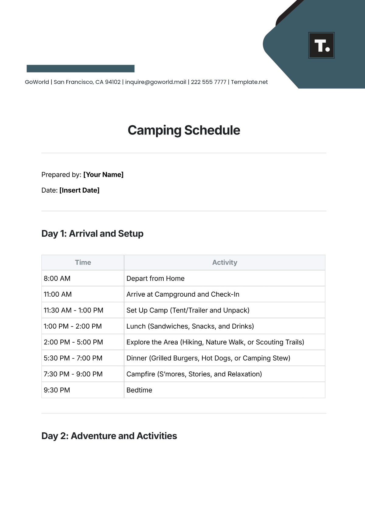 Free Camping Schedule Template