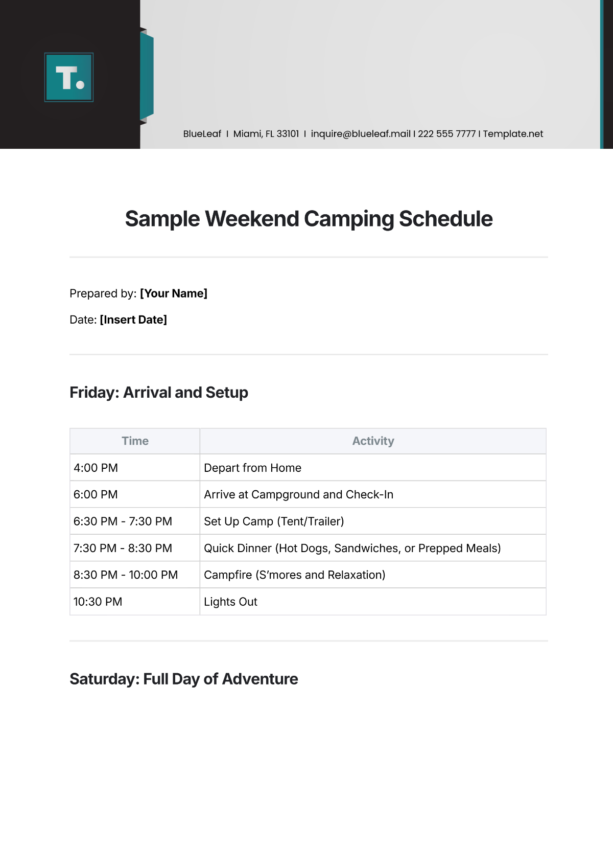 Free Sample Weekend Camping Schedule Template