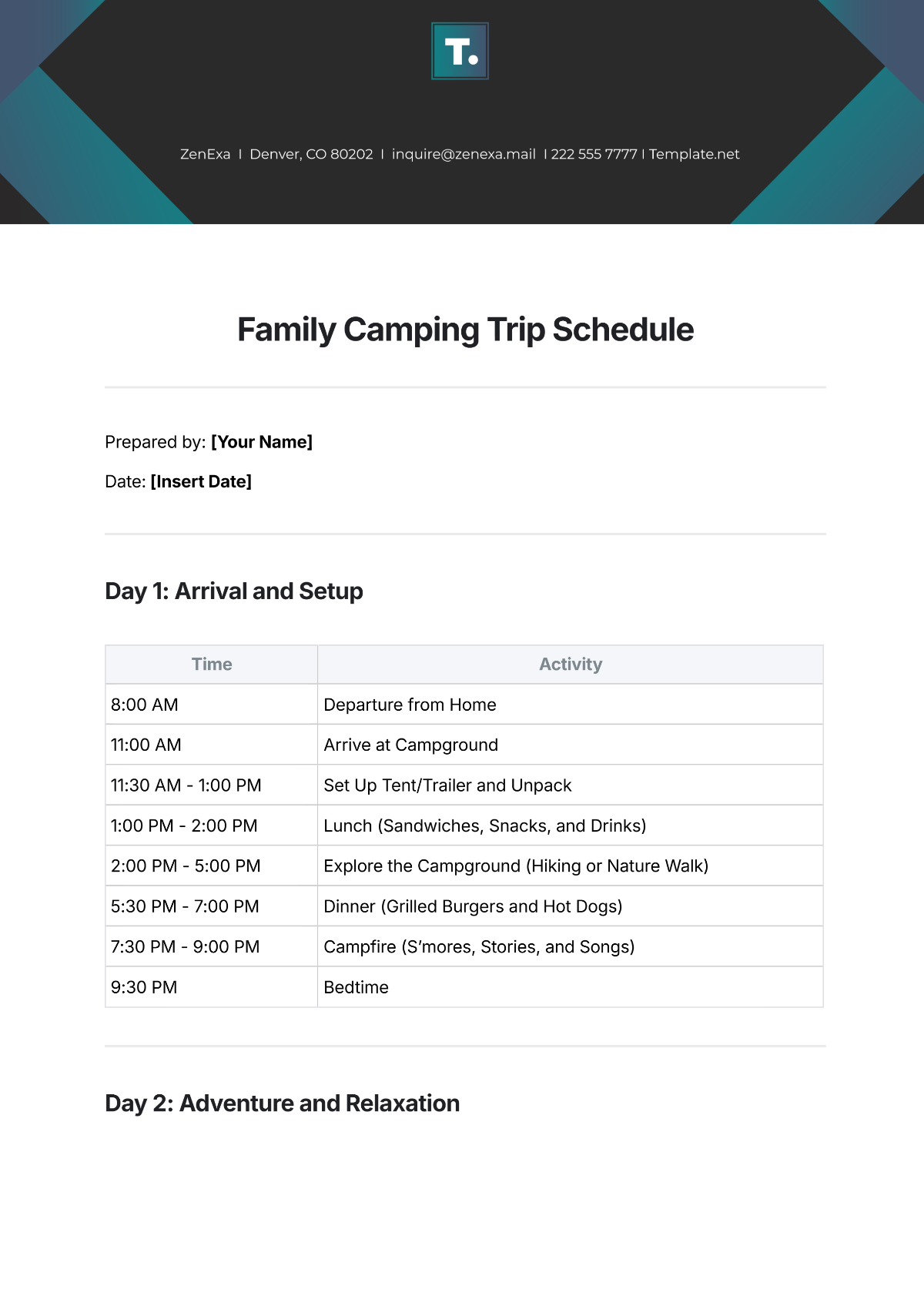 Free Family Camping Trip Schedule Template