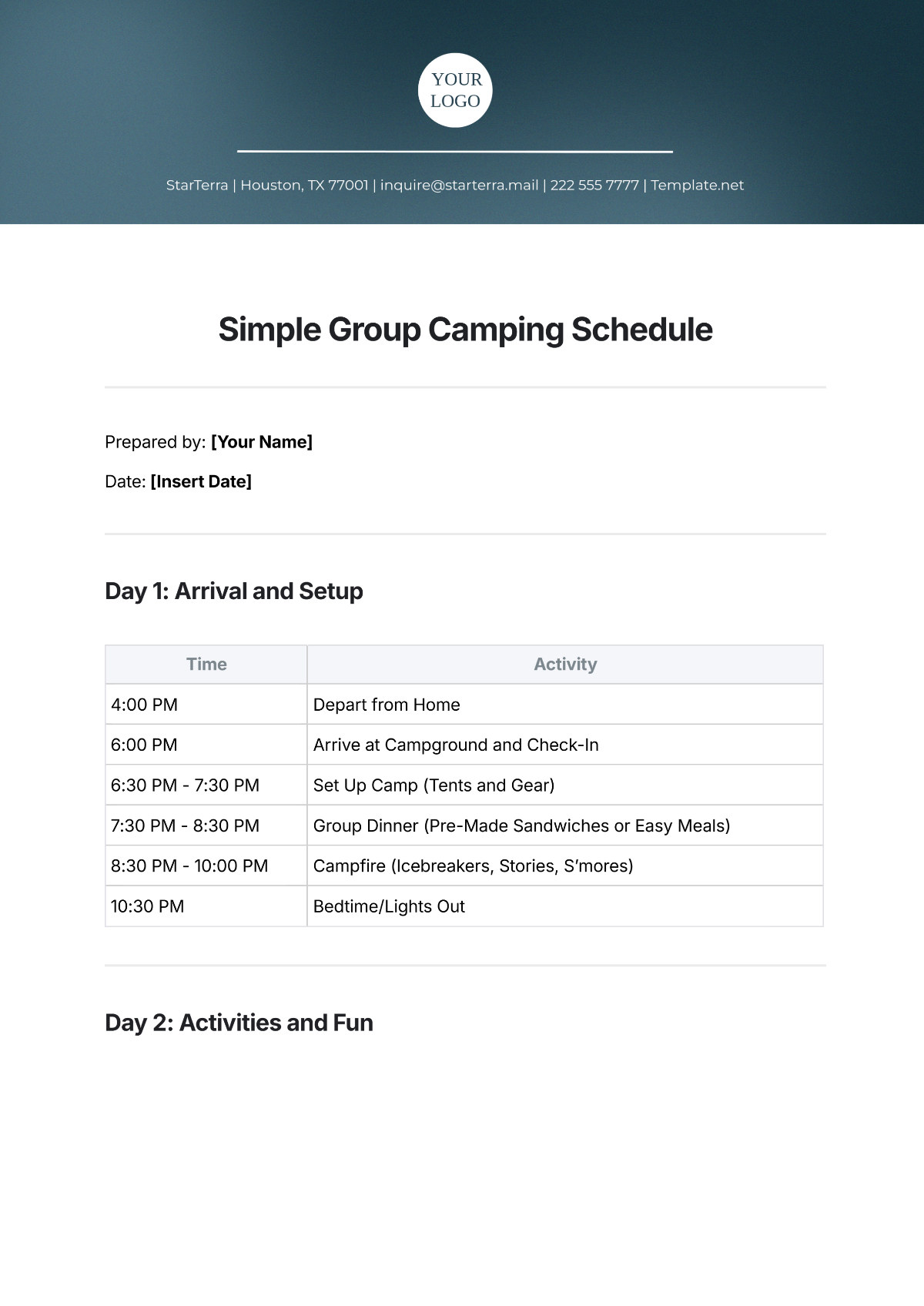 Free Simple Group Camping Schedule Template