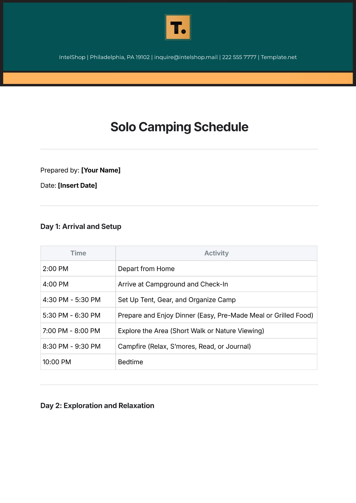 Free Solo Camping Schedule Template