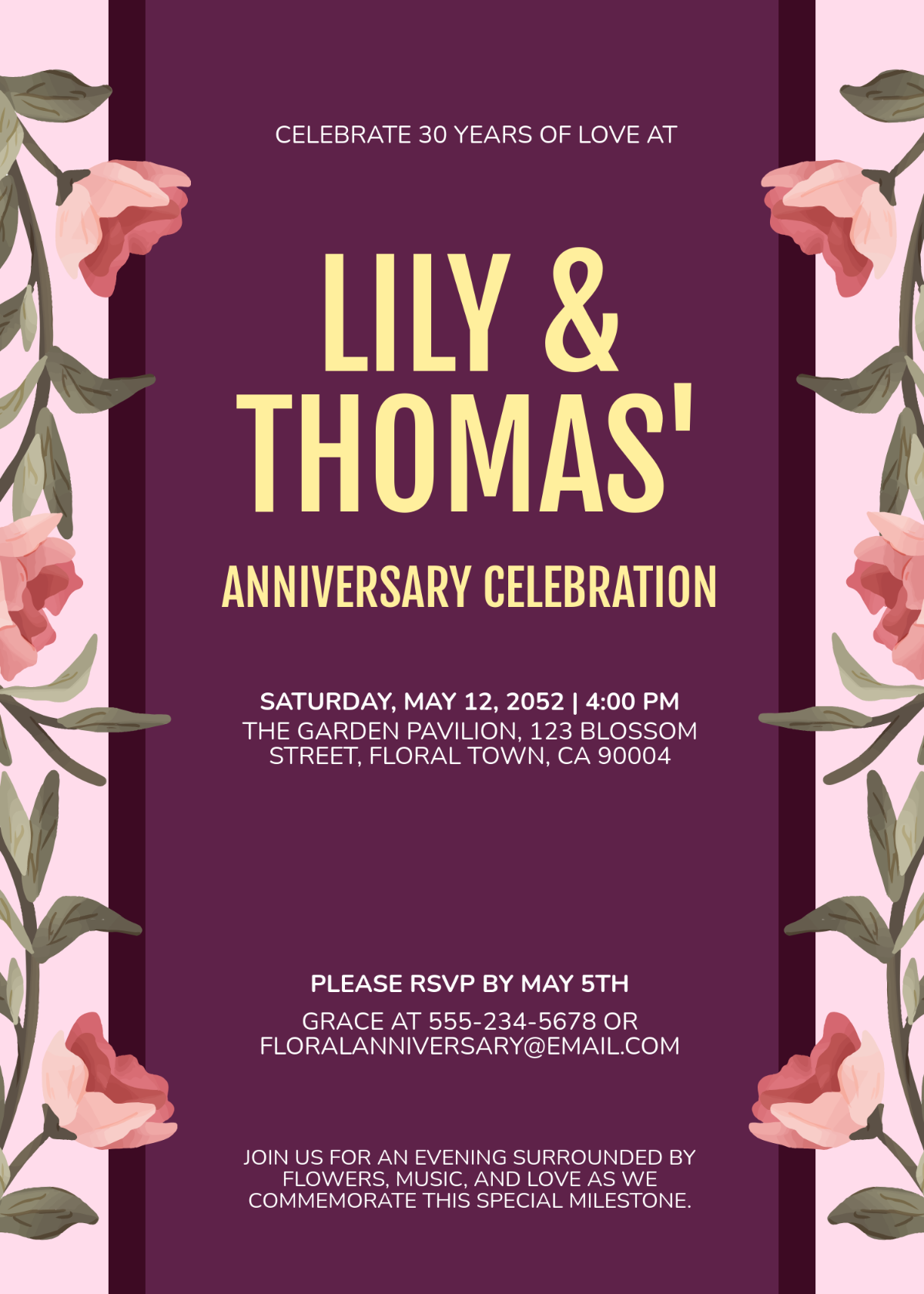 Free Pink Floral Anniversary Invitation Template