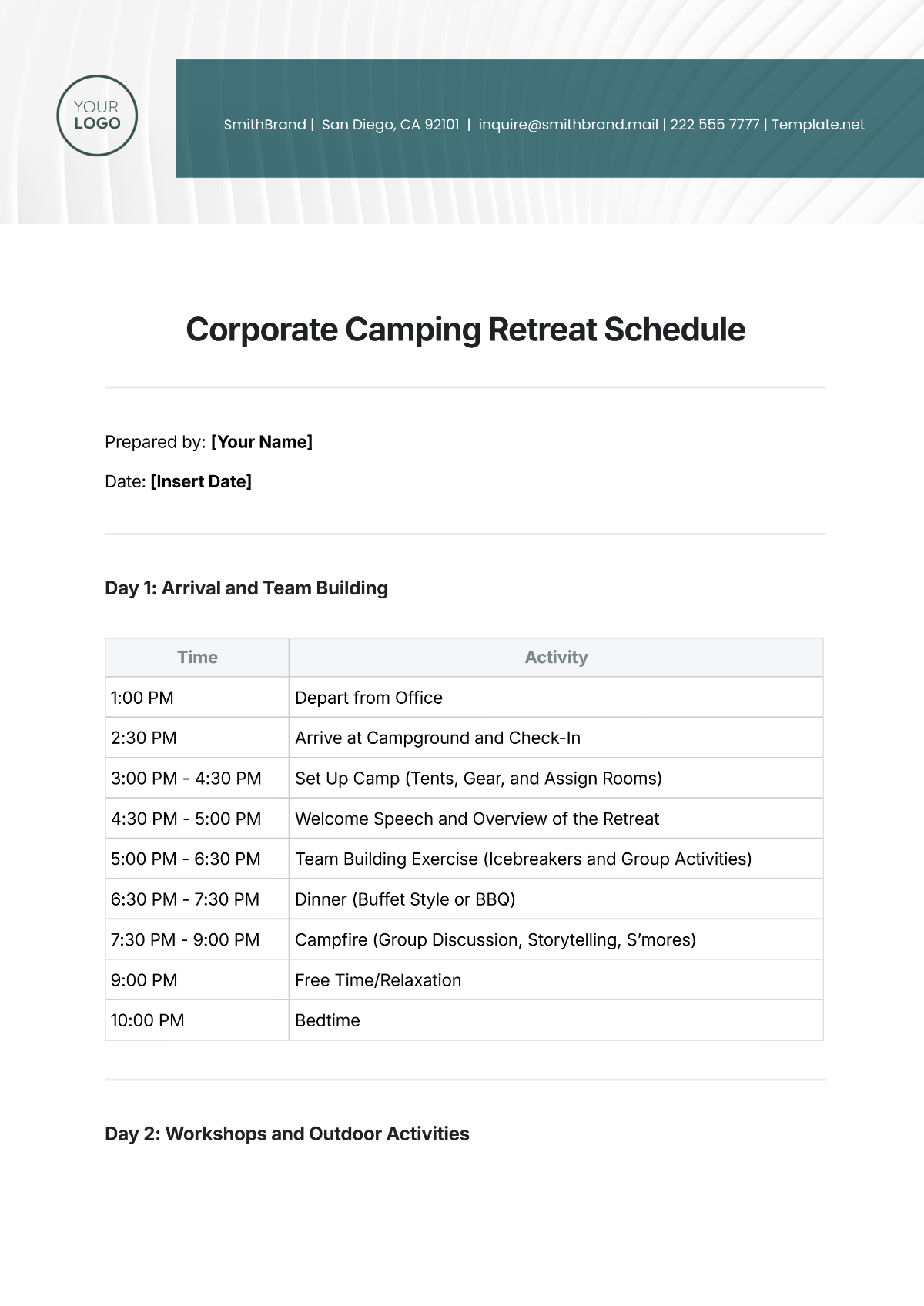 Free Corporate Camping Retreat Schedule Template