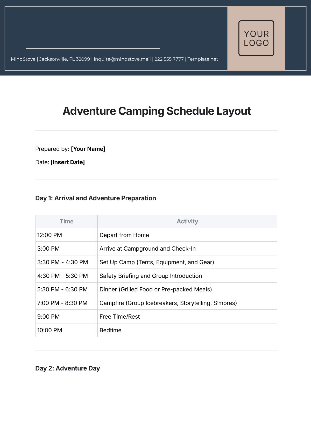 Free Adventure Camping Schedule Layout Template