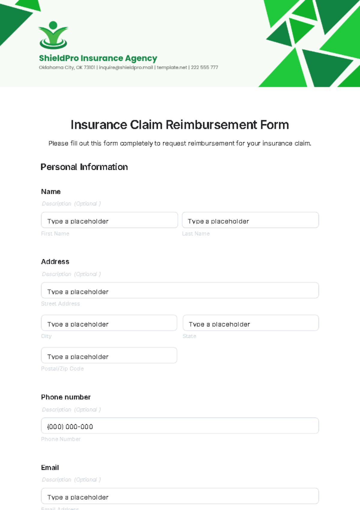 Free Insurance Claim Reimbursement Form Template