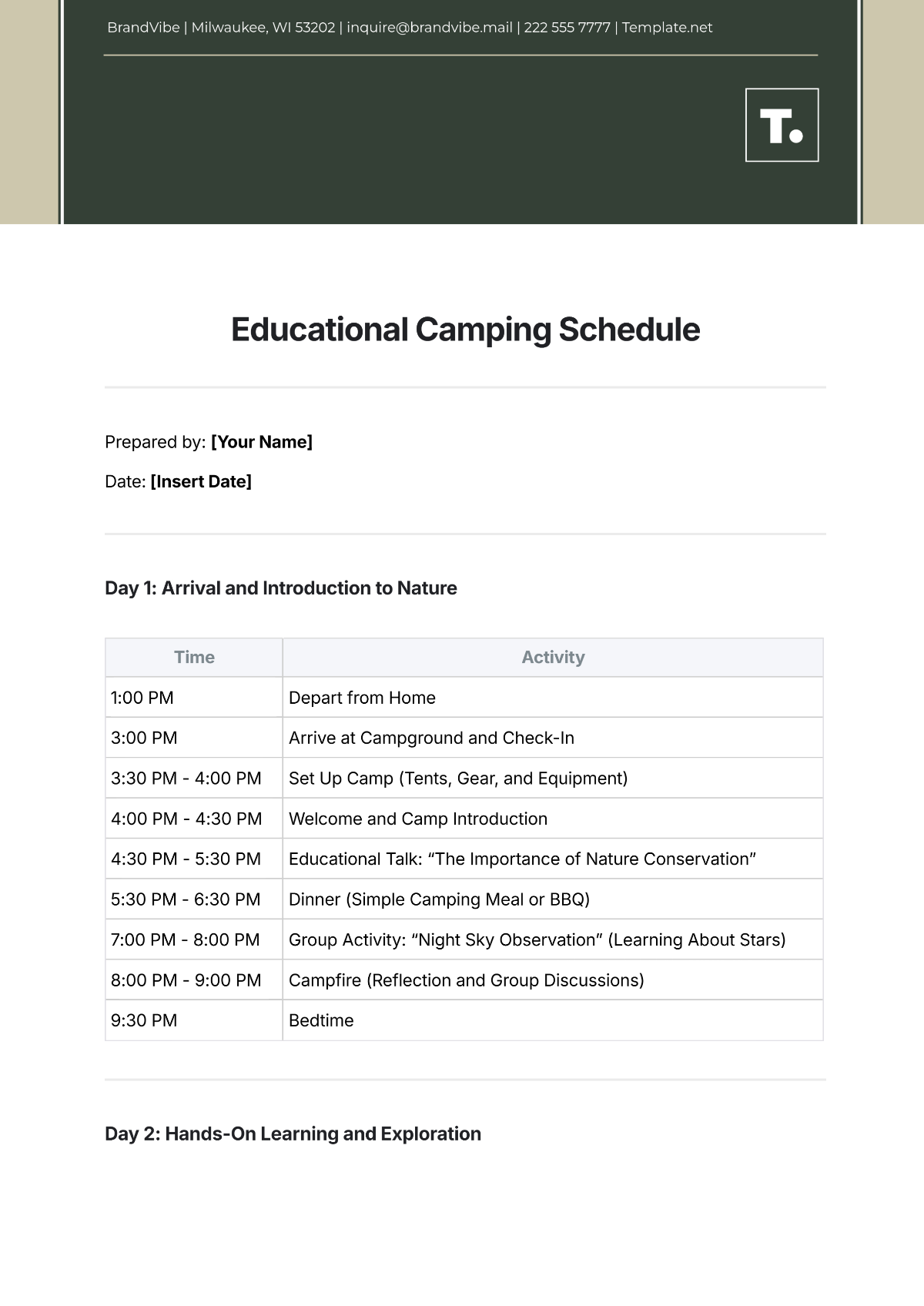 Free Educational Camping Schedule Template