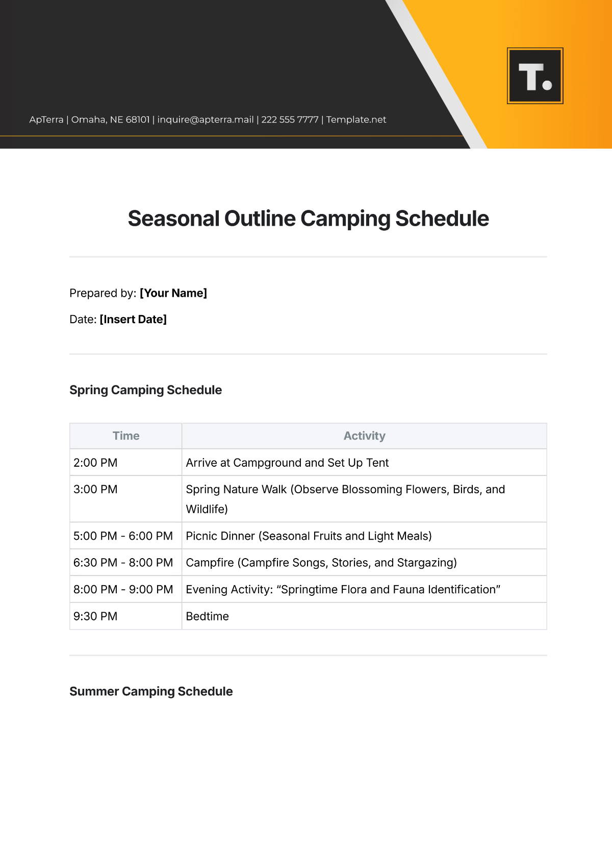 Free Seasonal Outline Camping Schedule Template