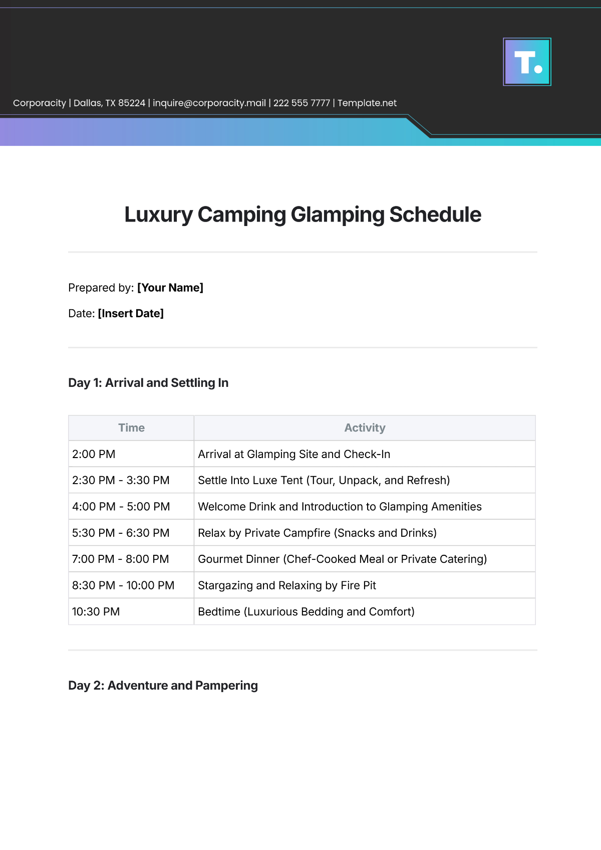 Free Luxury Camping Glamping Schedule Template