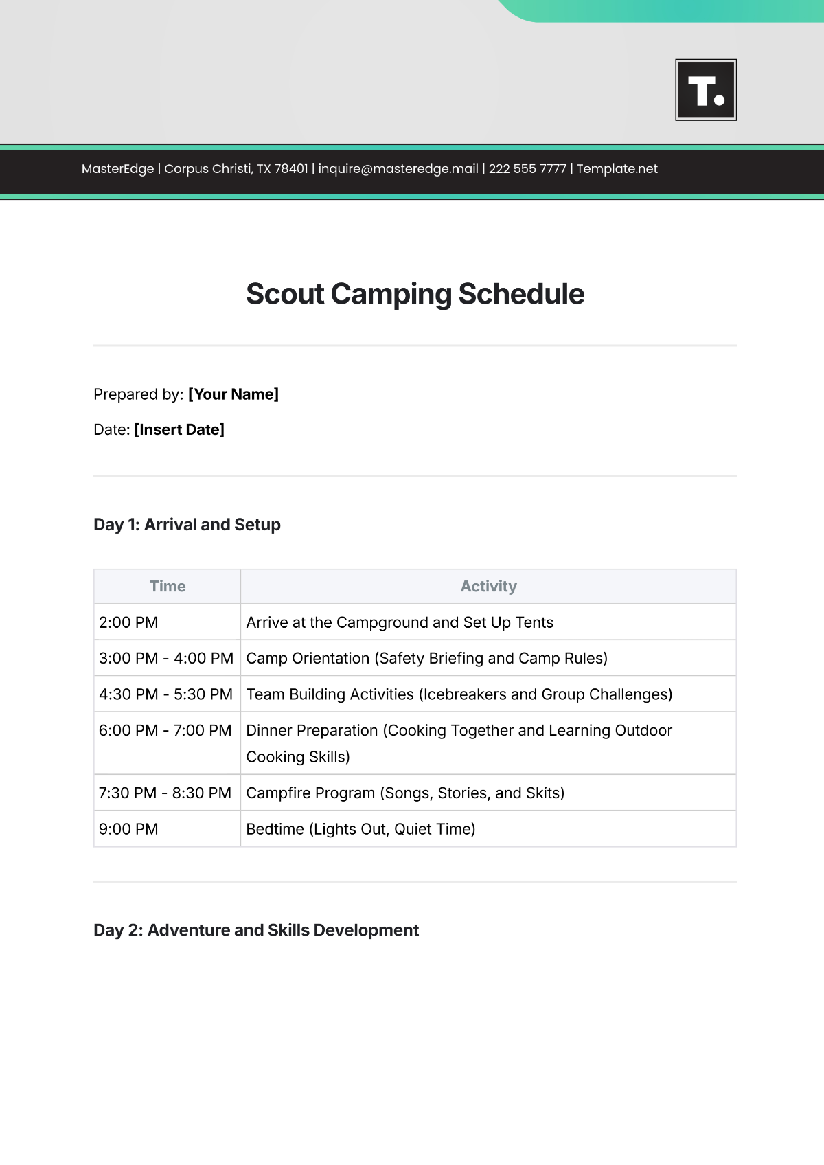 Free Scout Camping Schedule Template