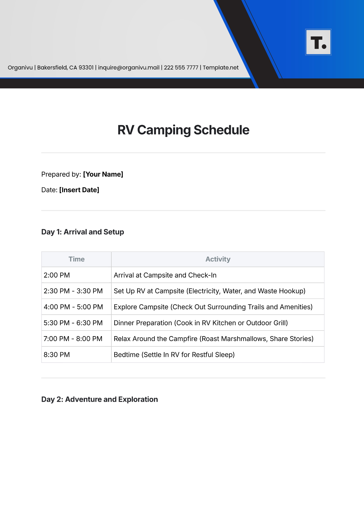 Free RV Camping Schedule Template