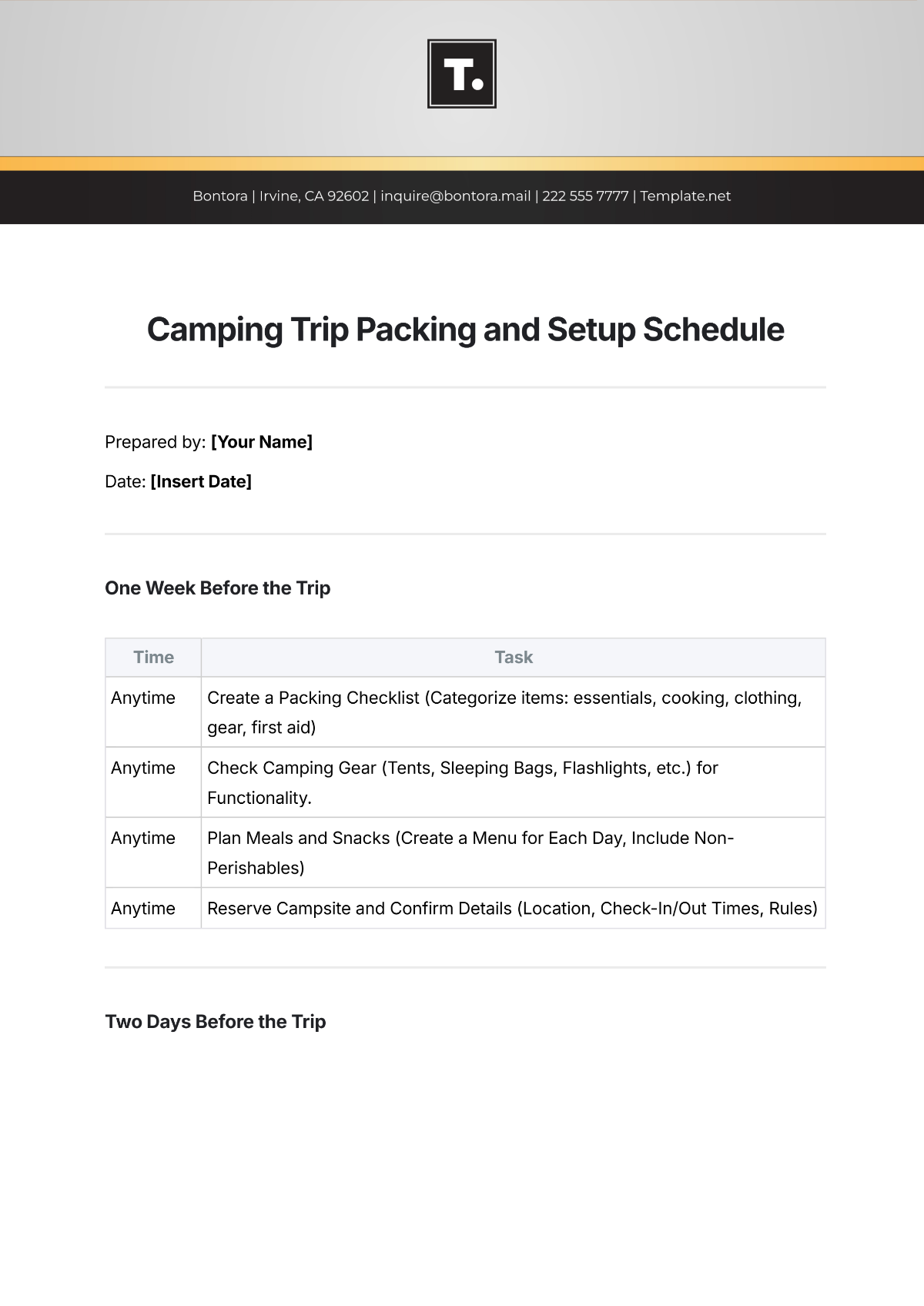 Free Camping Trip Packing and Setup Schedule Template