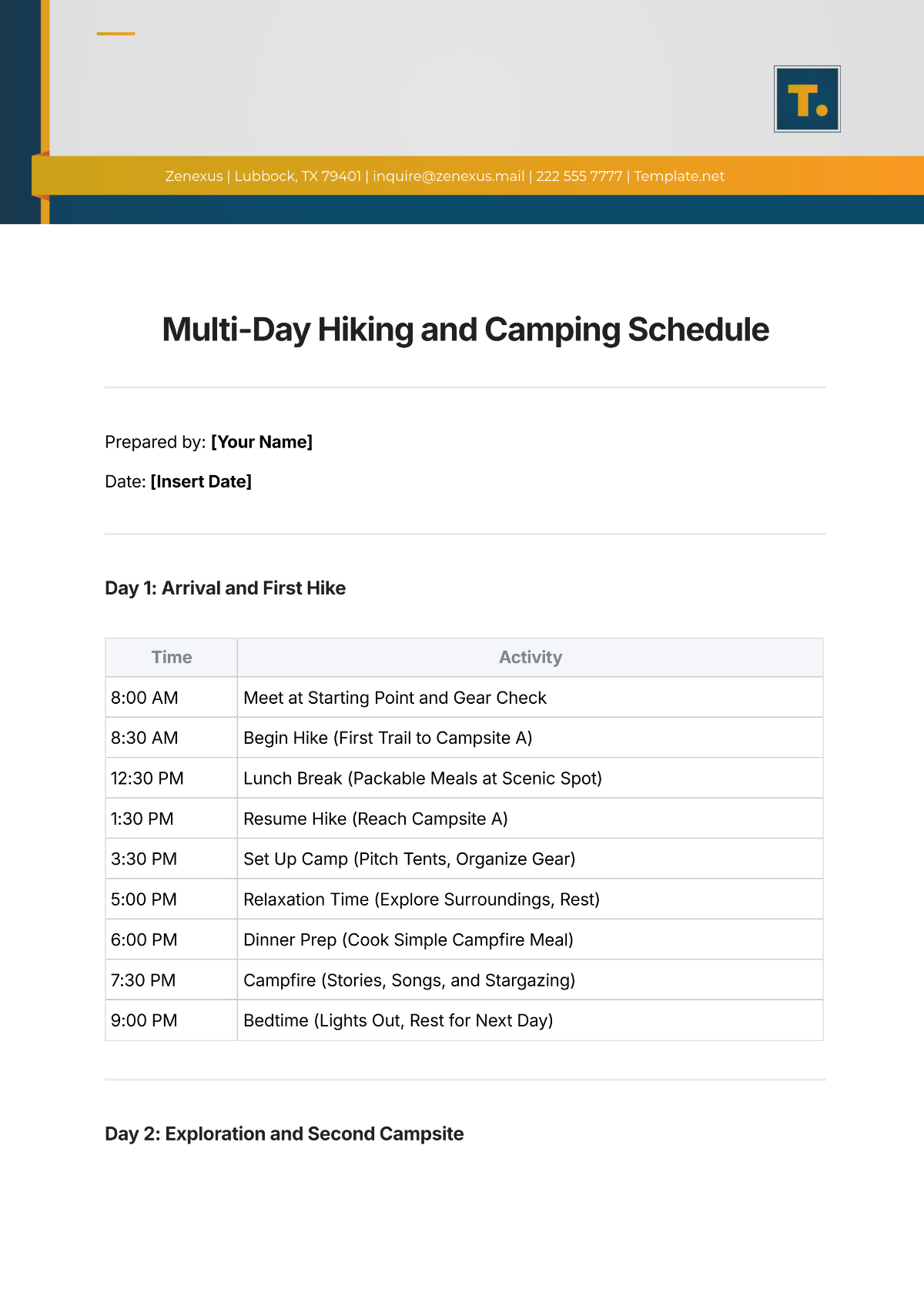 Free Multi-Day Hiking and Camping Schedule Template