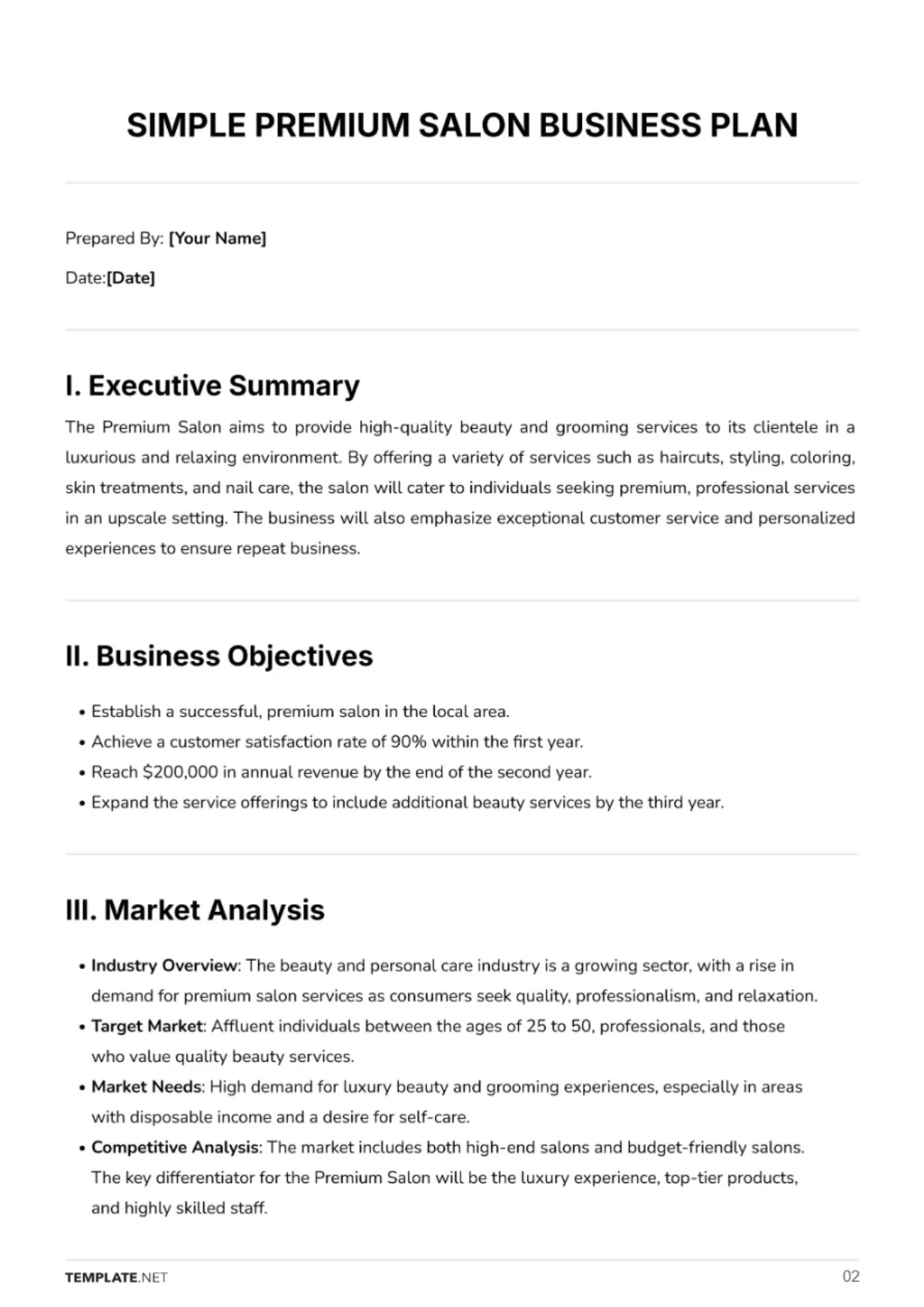 Free Simple Premium Salon Business Plan Template to Edit Online