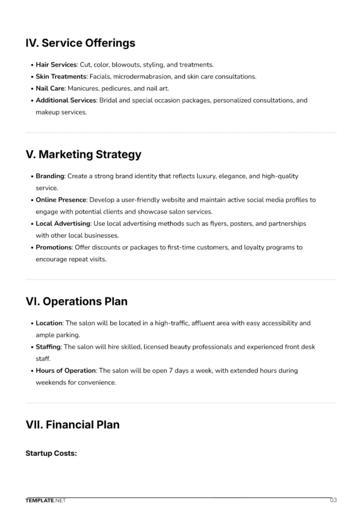 Free Simple Premium Salon Business Plan Template to Edit Online