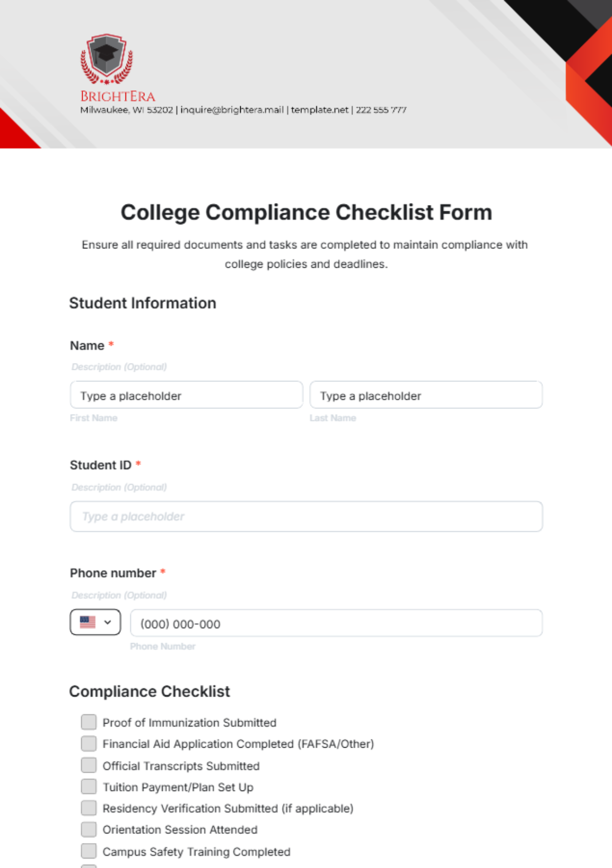 Free College Compliance Checklist Form Template