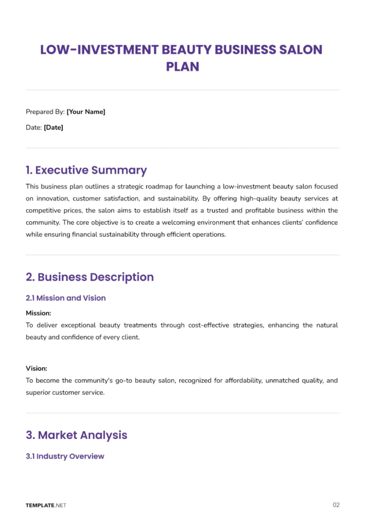 Free Low-Investment Beauty Business  Salon Plan Template to Edit Online