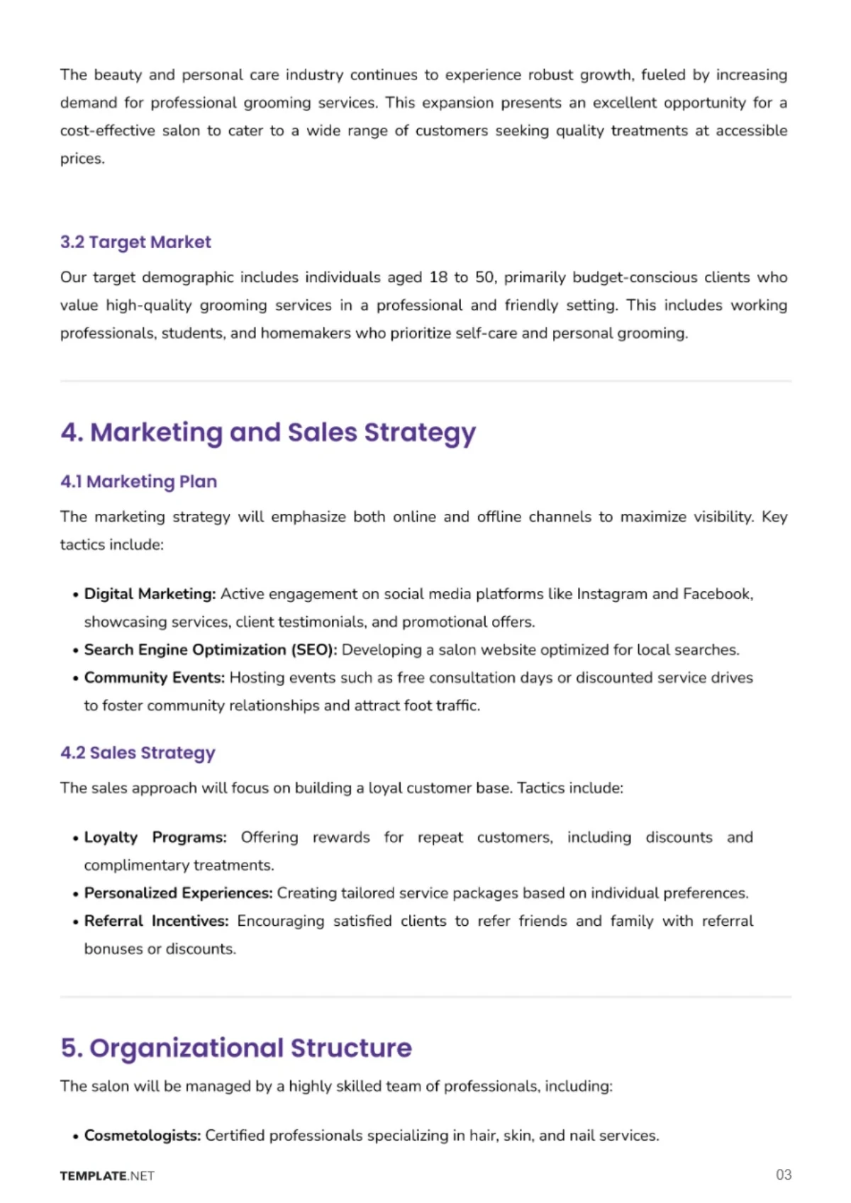 Free Low-Investment Beauty Business  Salon Plan Template to Edit Online