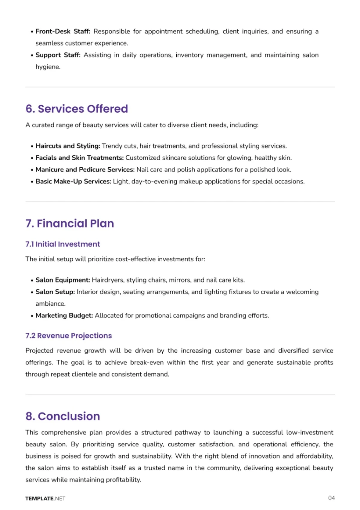Free Low-Investment Beauty Business  Salon Plan Template to Edit Online