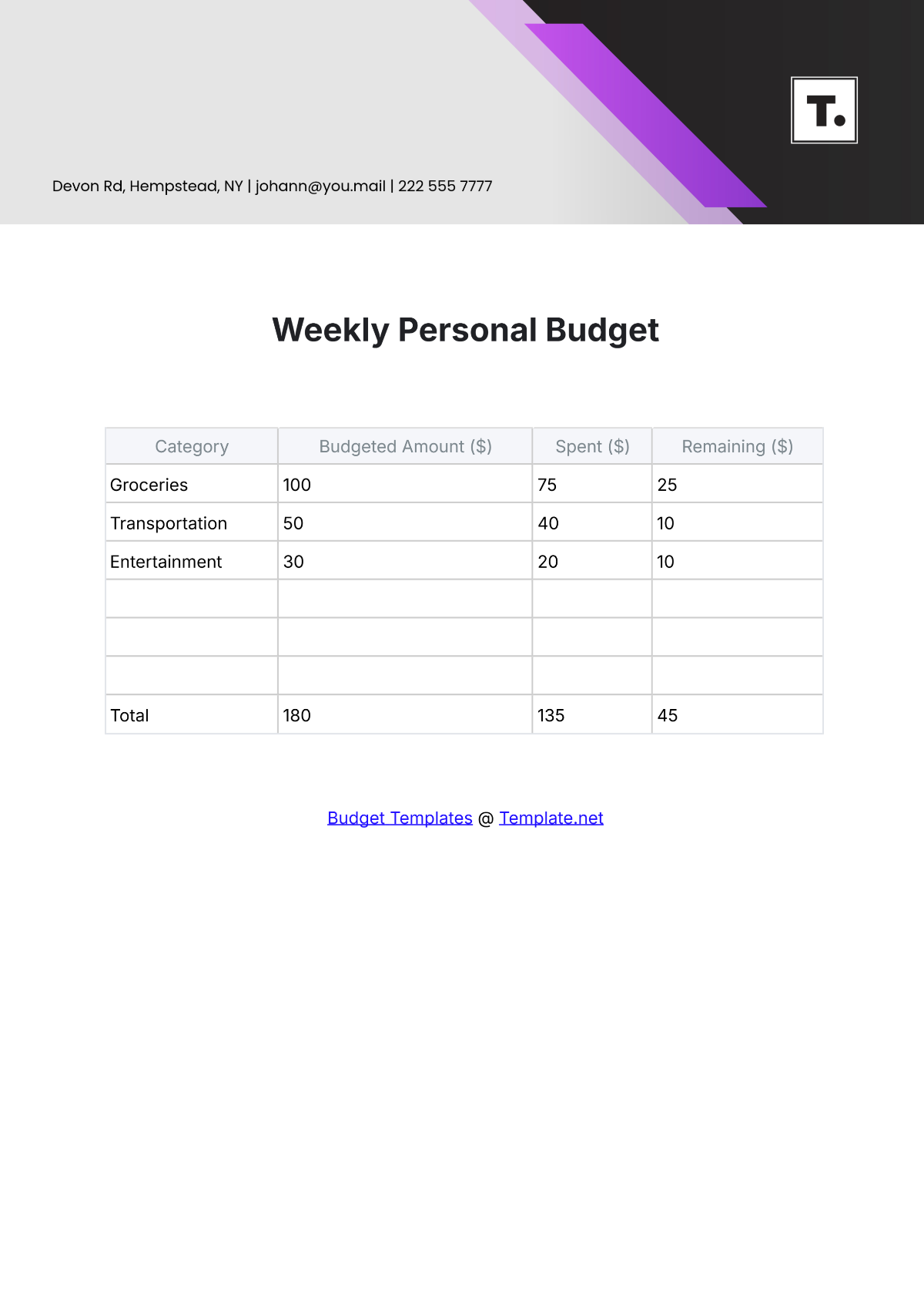 Free Weekly Personal Budget Template