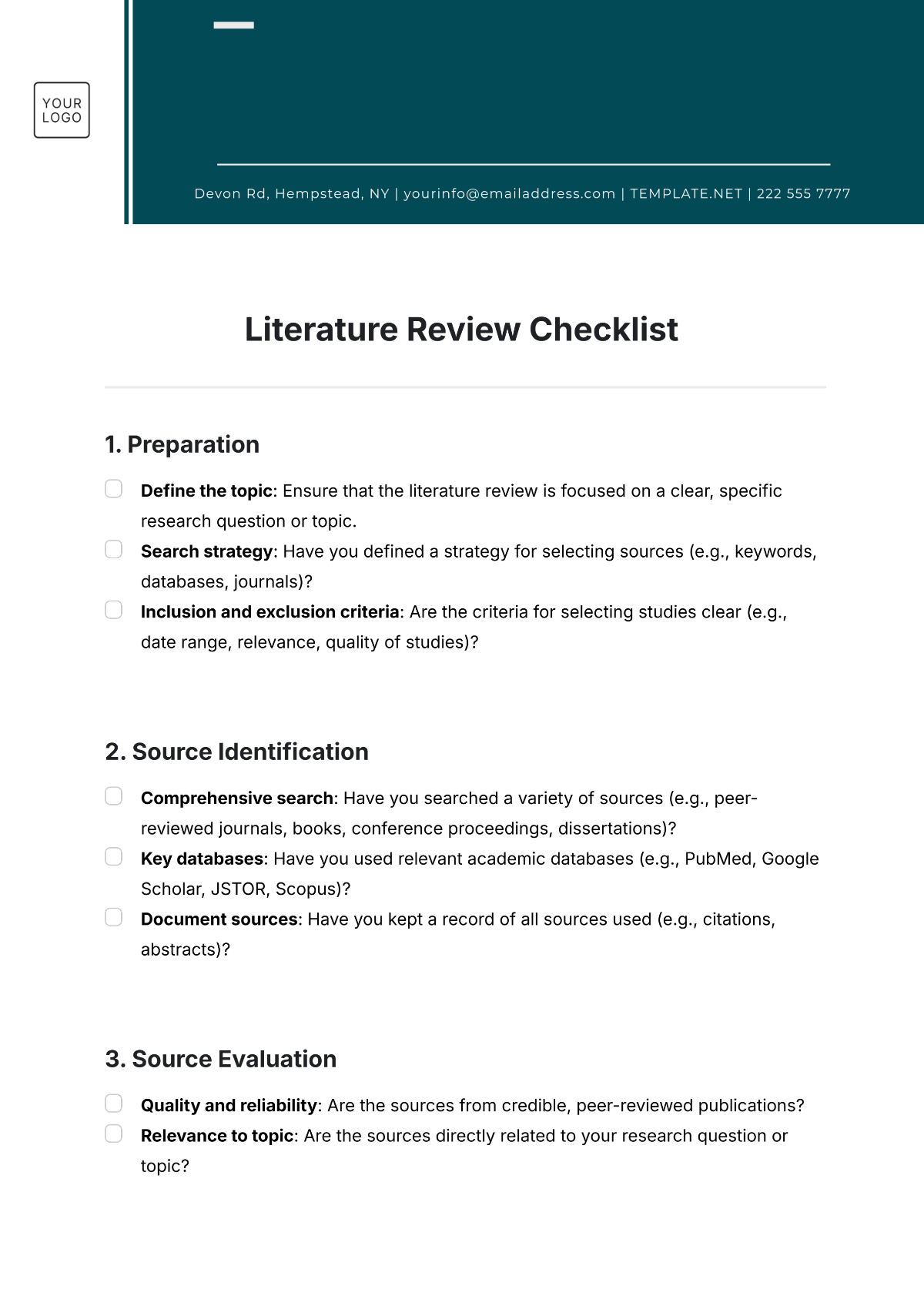 Literature Review Checklist Template - Edit Online & Download