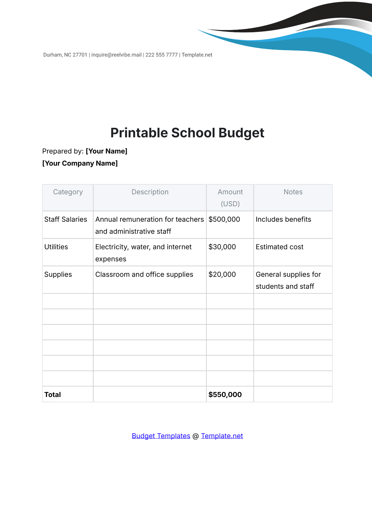 Free Printable School Budget Template