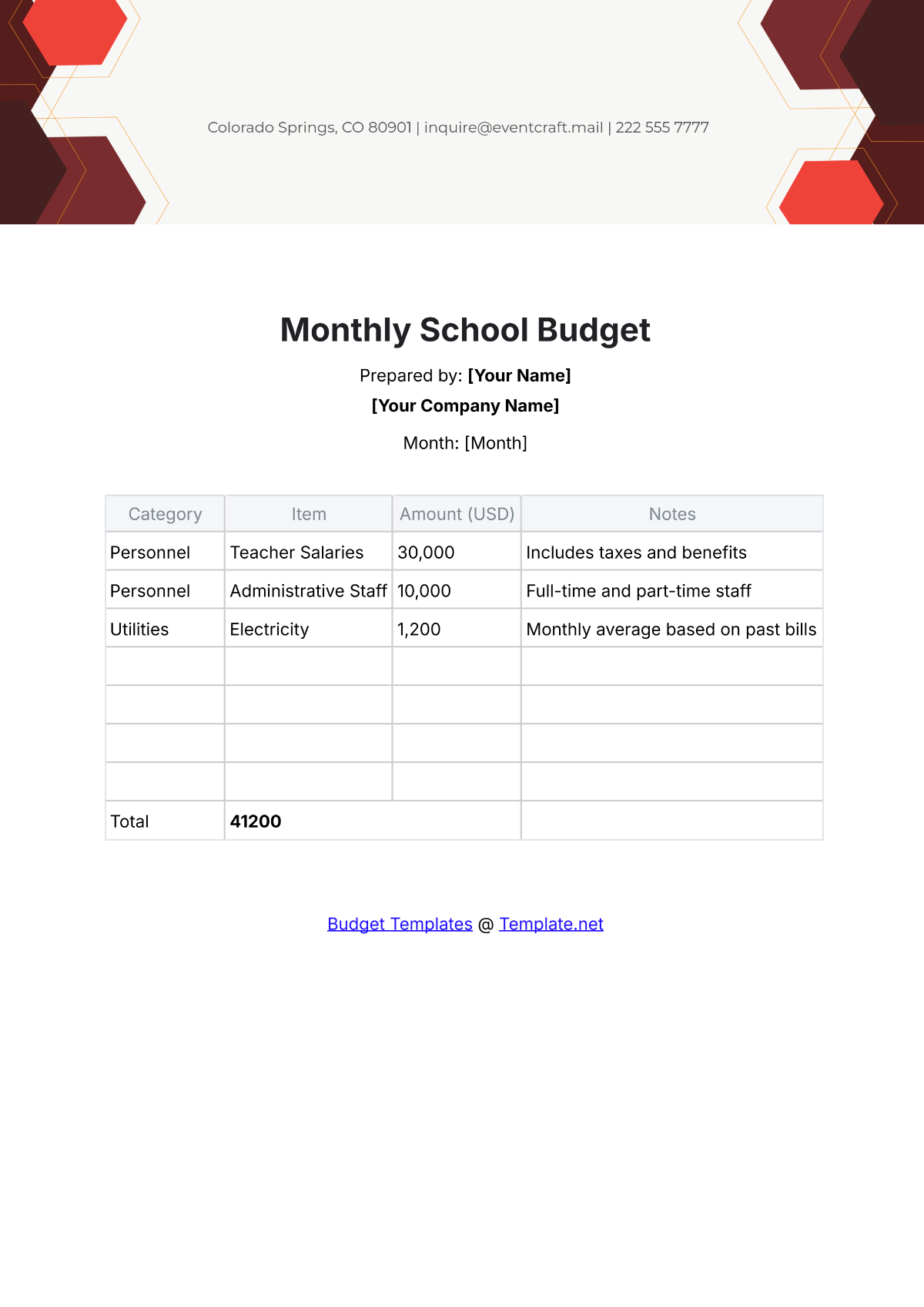 Free Monthly School Budget Template