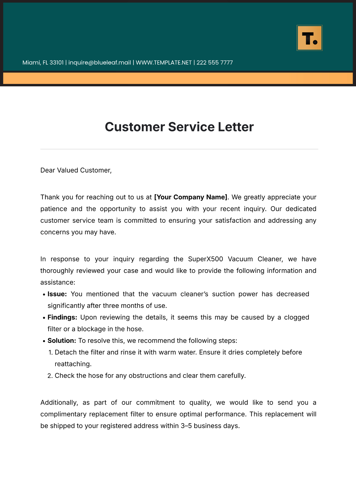 Free Customer Service Letter Template