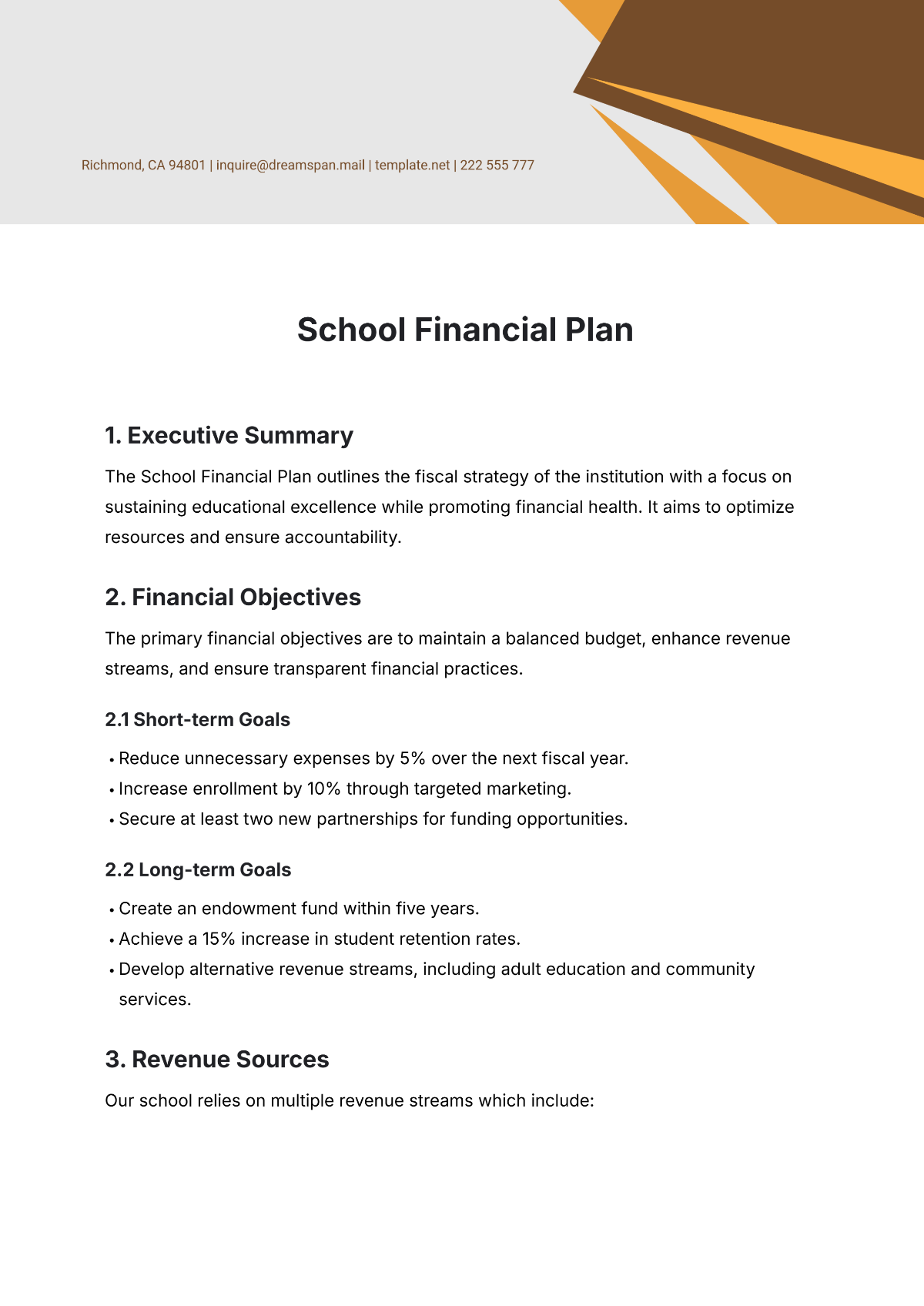 Free School Financial Plan Template