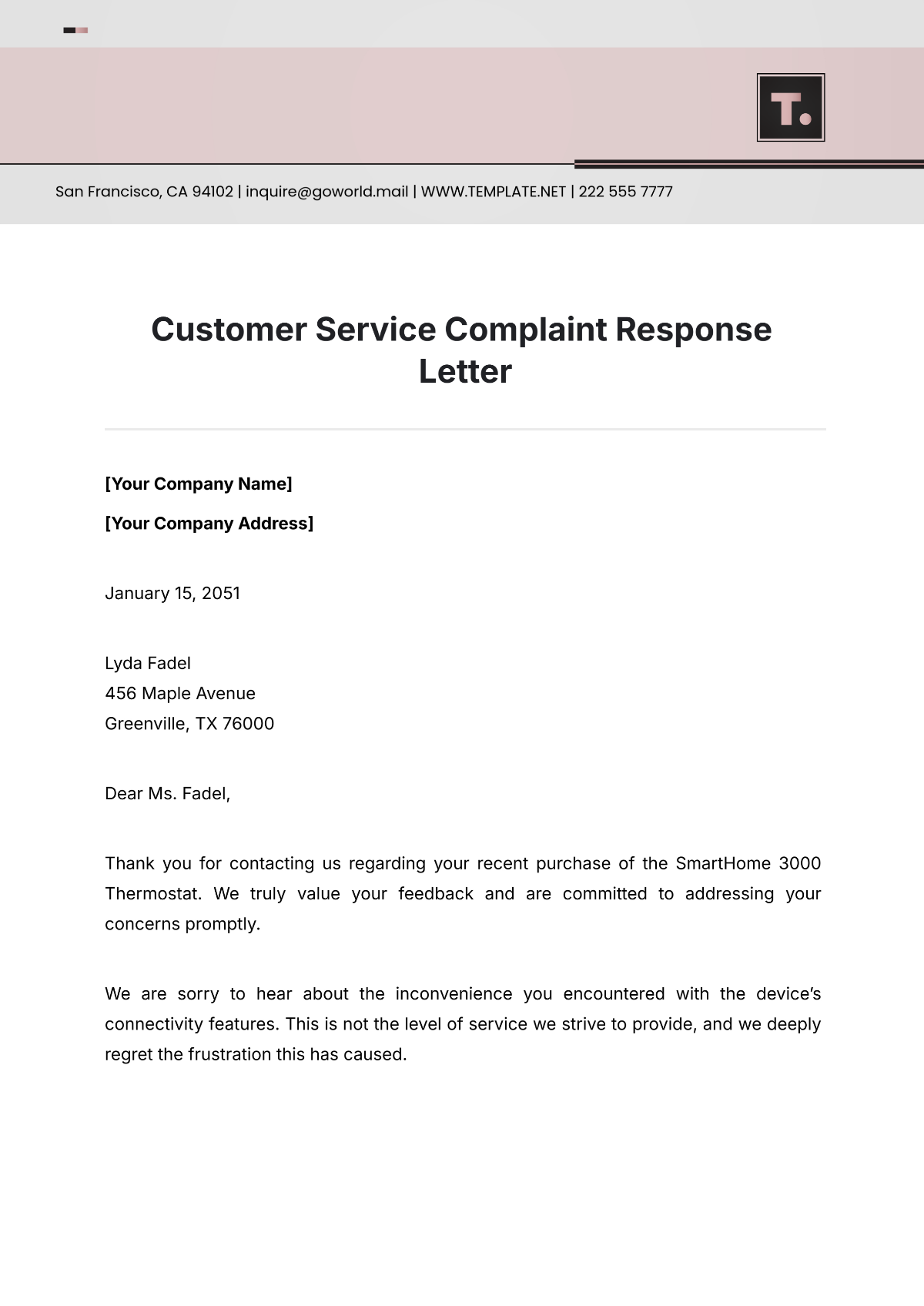 Free Customer Service Complaint Response Letter Template