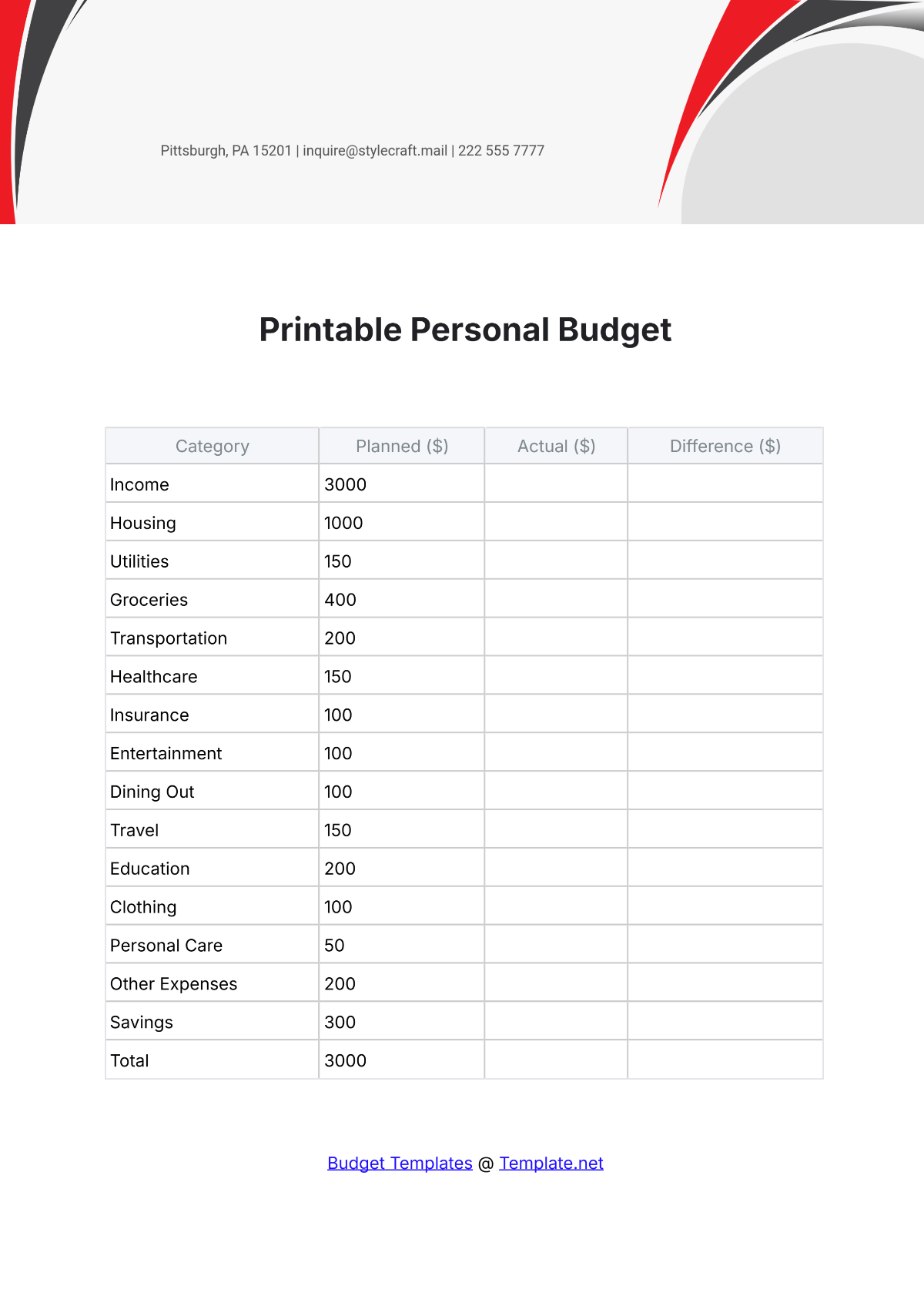 Free Printable Personal Budget Template