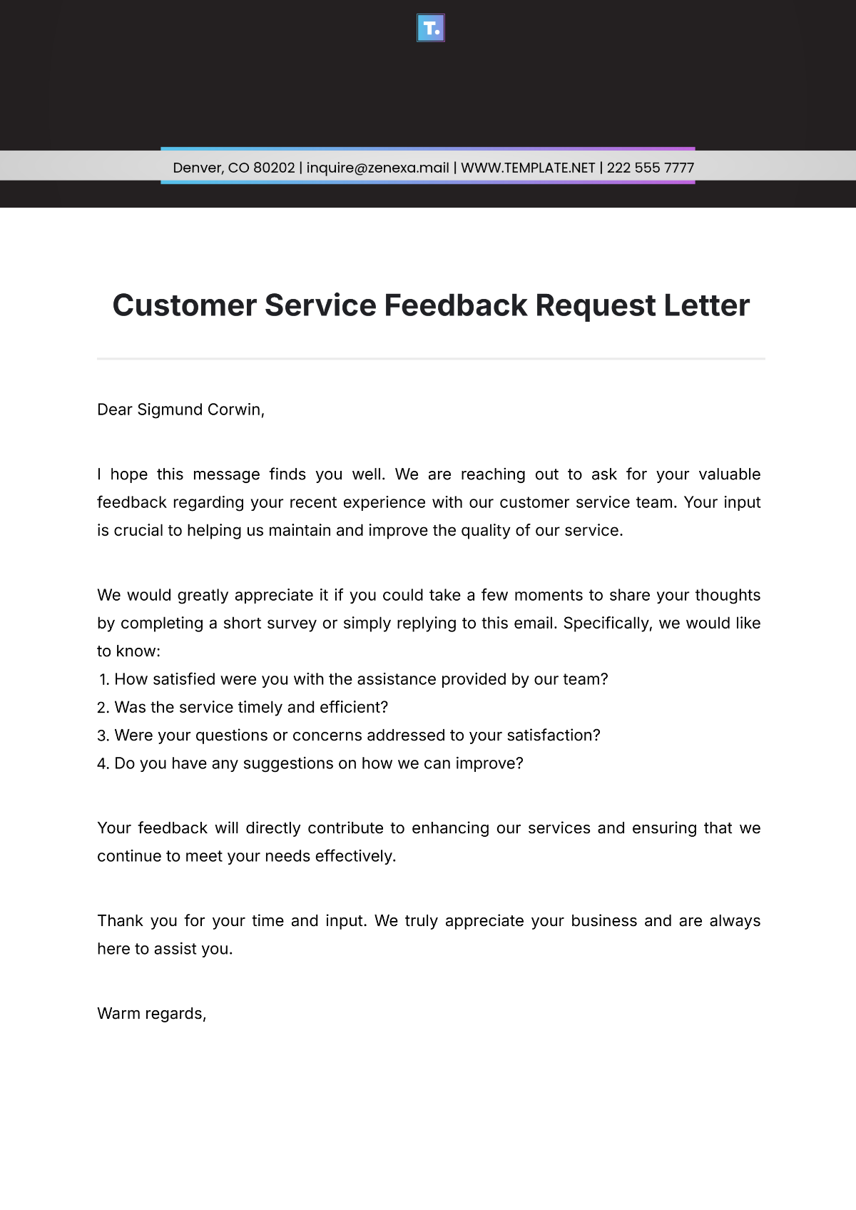 Customer Service Feedback Request Letter Template - Edit Online & Download