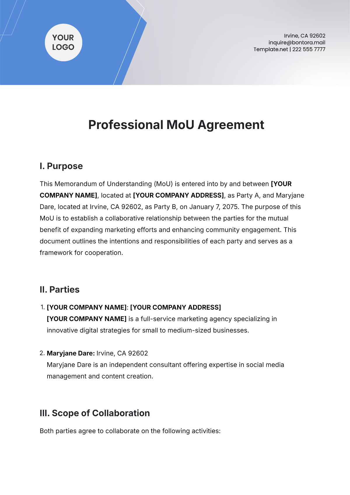 Free Professional MoU Agreement Template