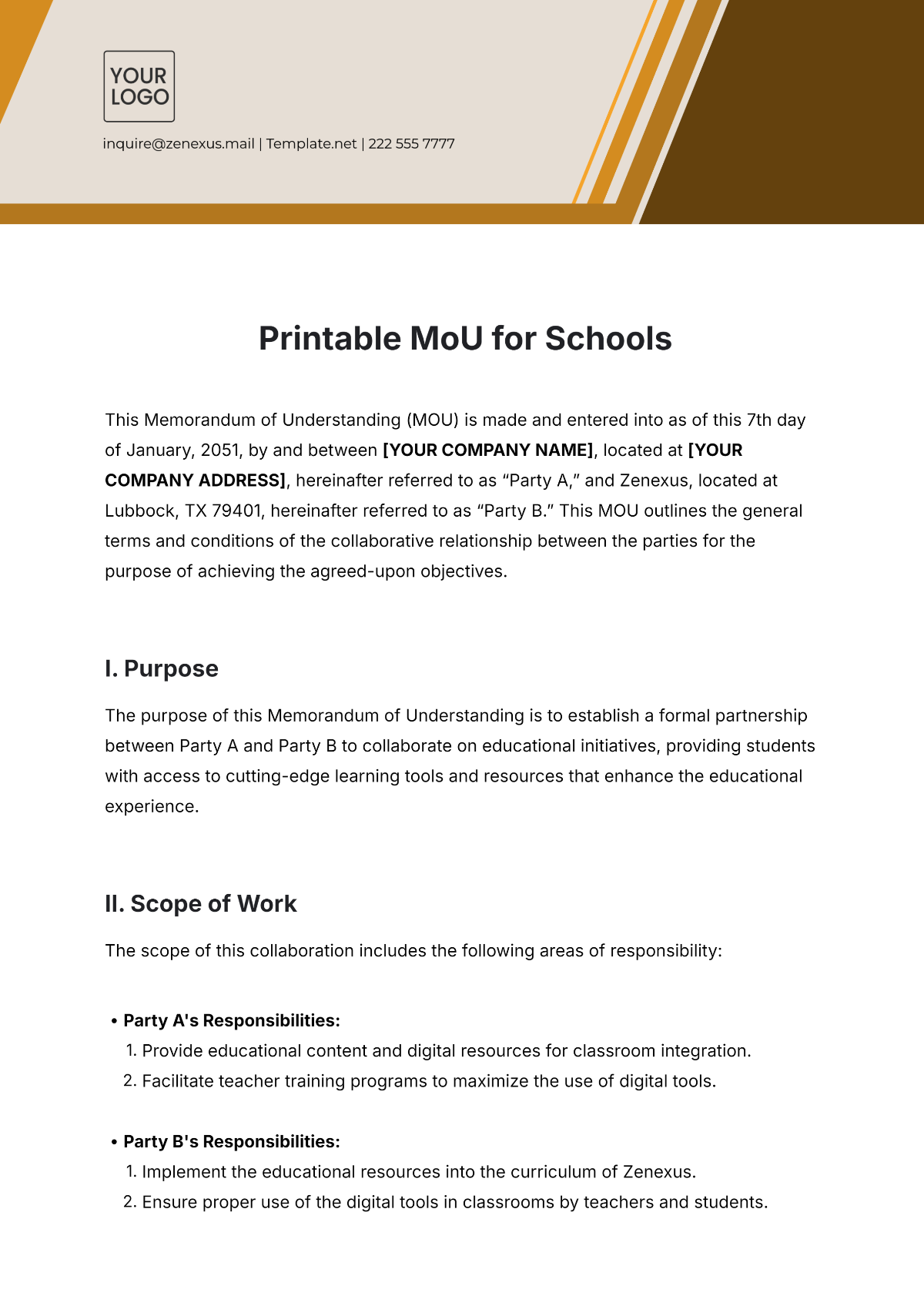 Free Printable MoU Template for Schools