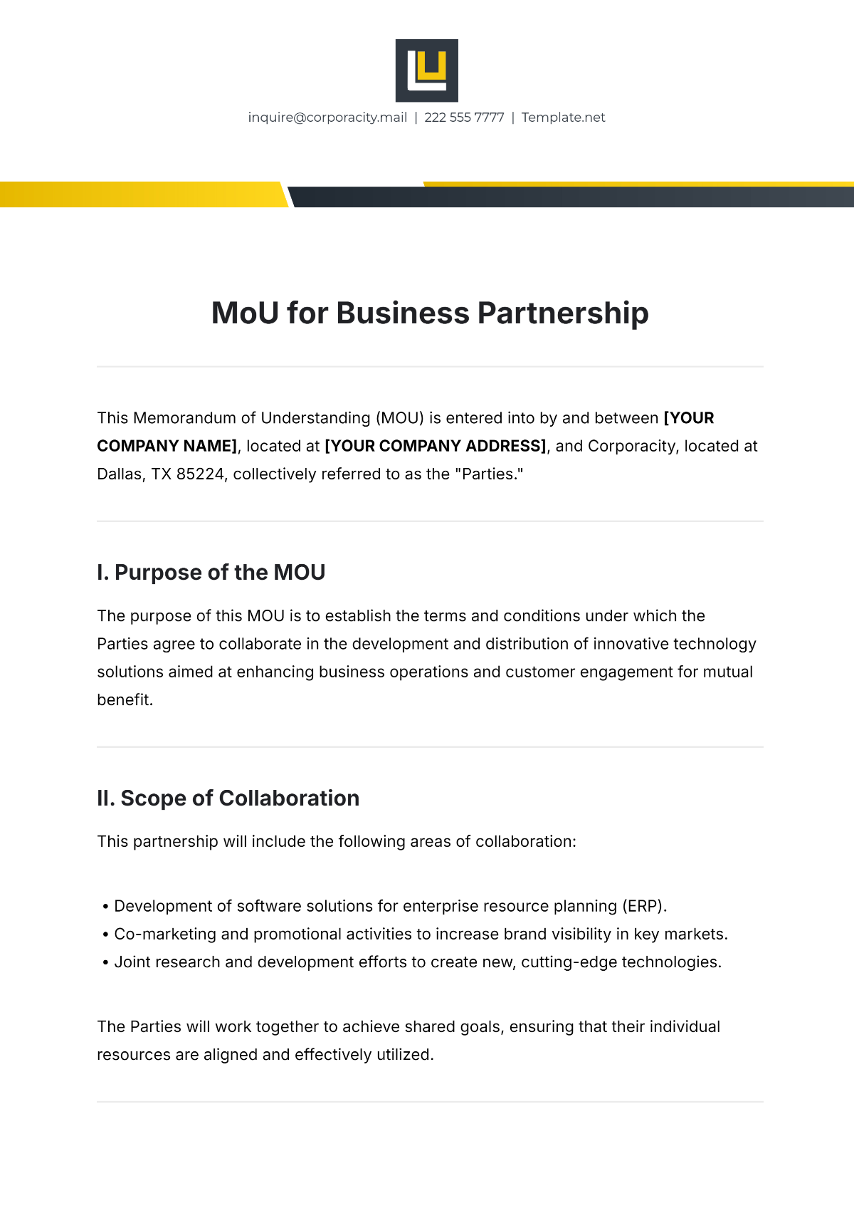 Free MoU Template for Business Partnership