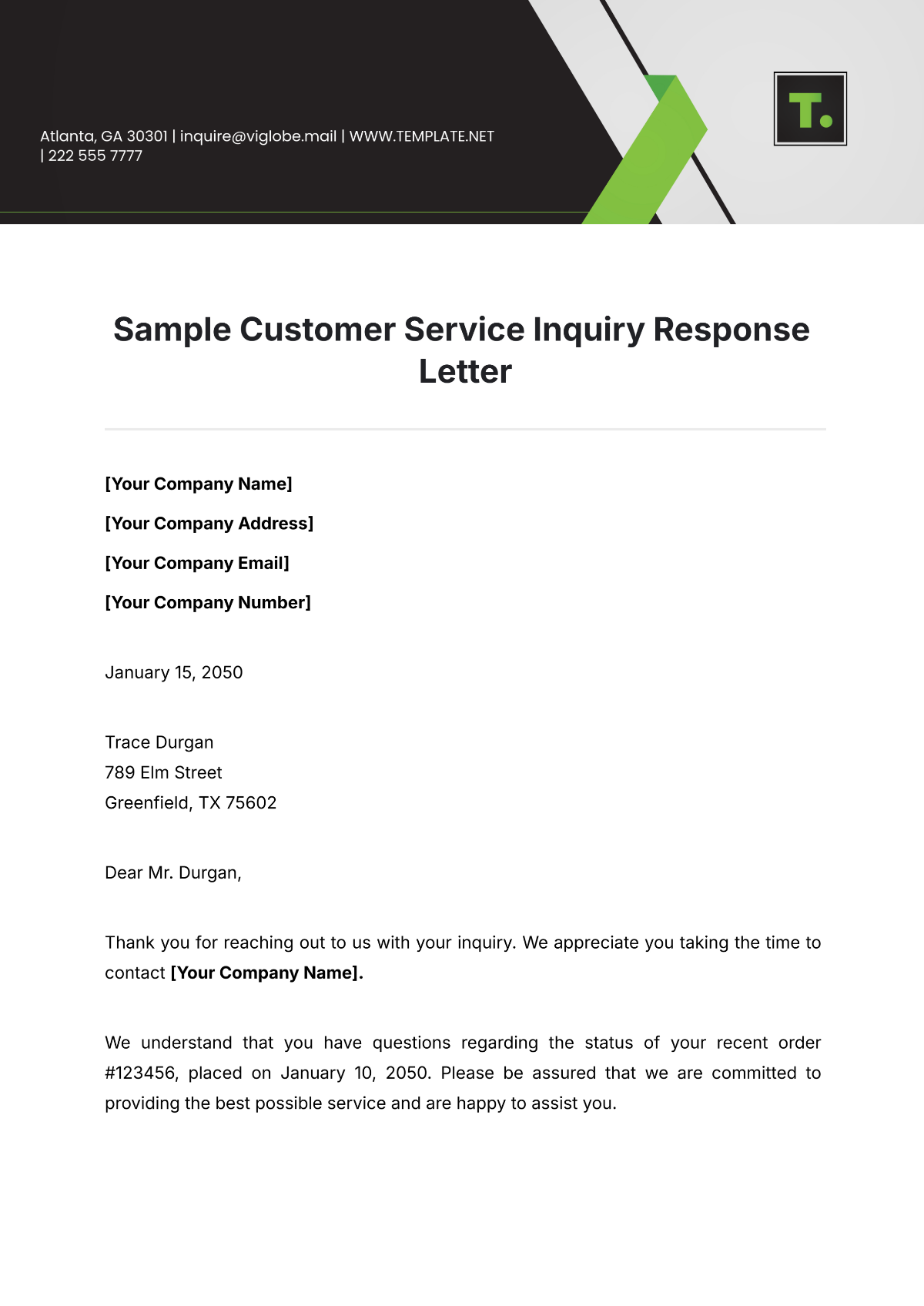 Sample Customer Service Inquiry Response Letter Template - Edit Online & Download