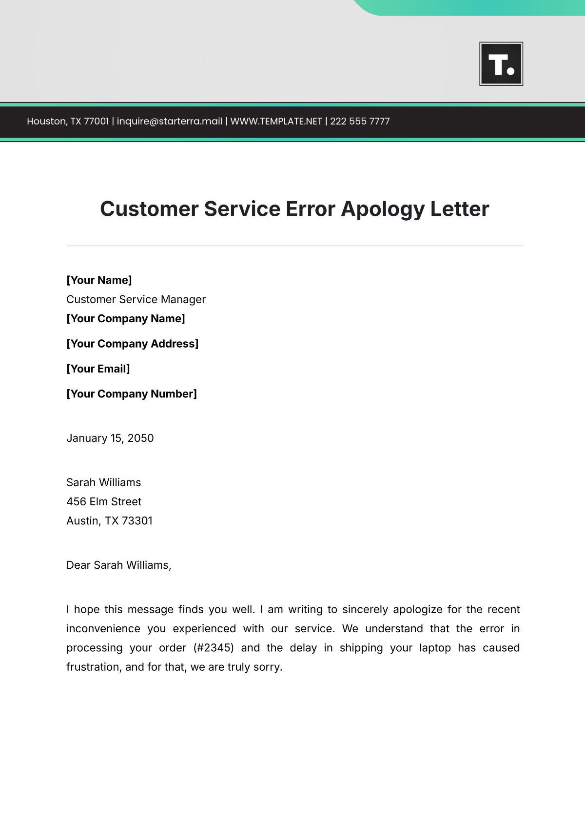 Customer Service Error Apology Letter Template - Edit Online & Download