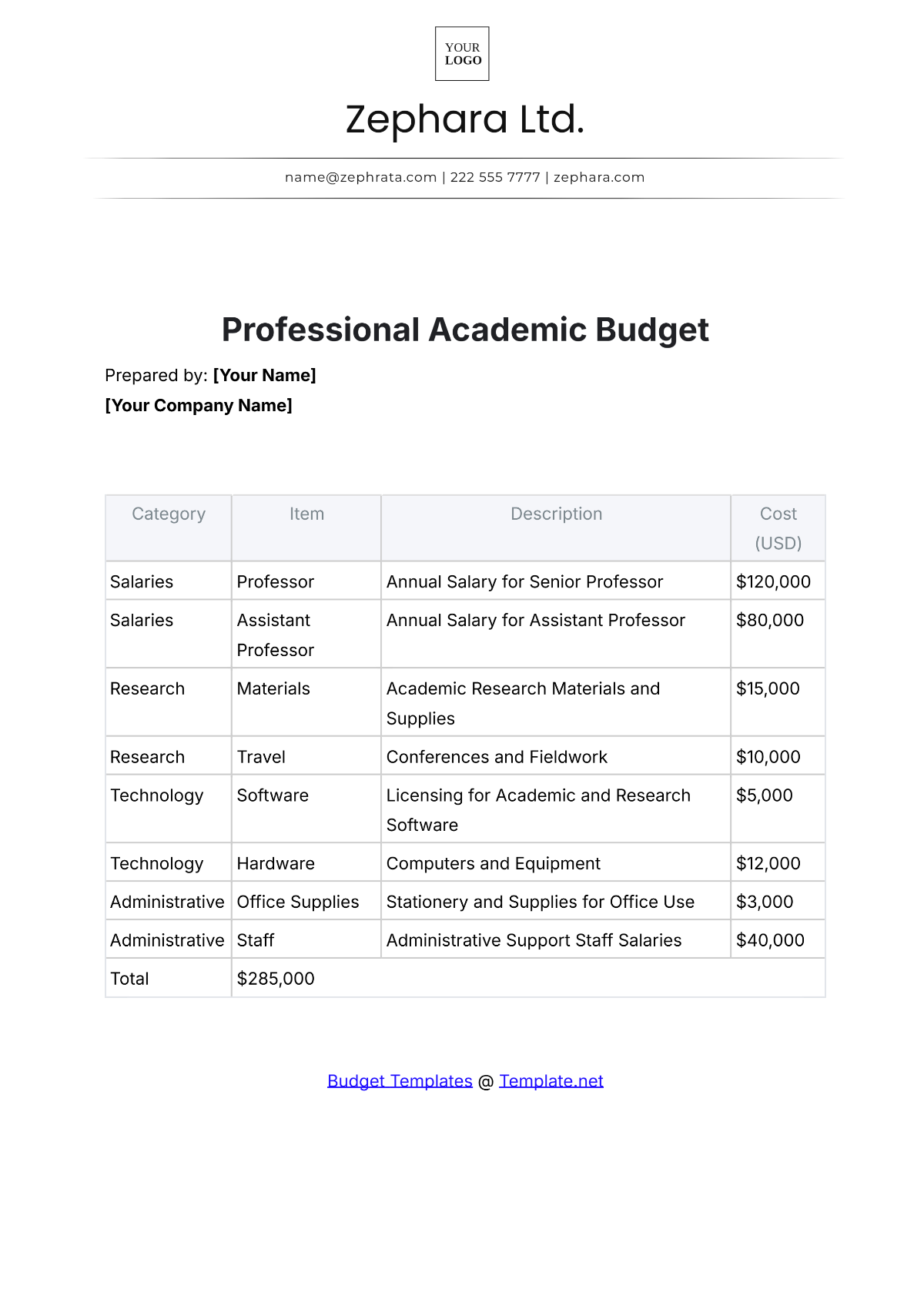 Free Professional Academic Budget Template