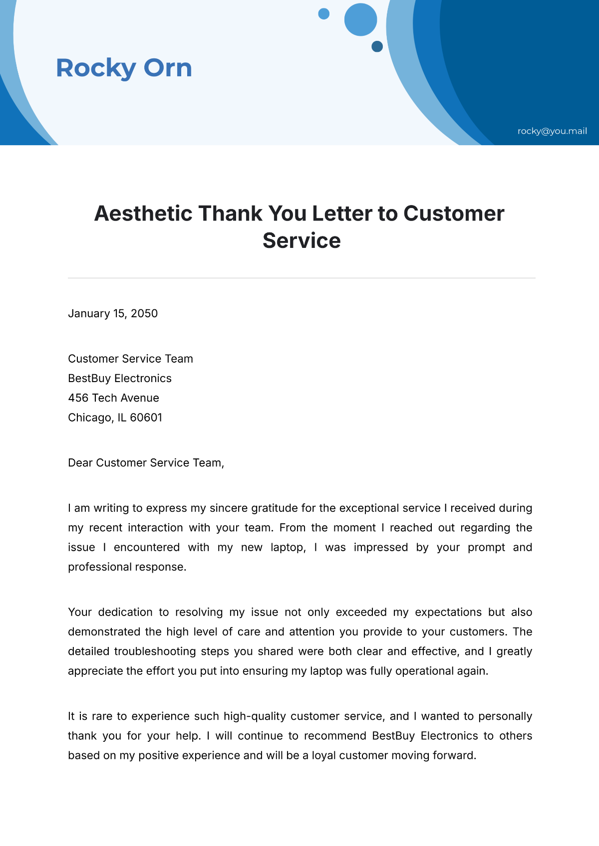 Aesthetic Thank You Letter to Customer Service Template - Edit Online & Download