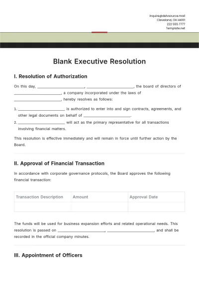 Free Blank Executive Resolution Template to Edit Online