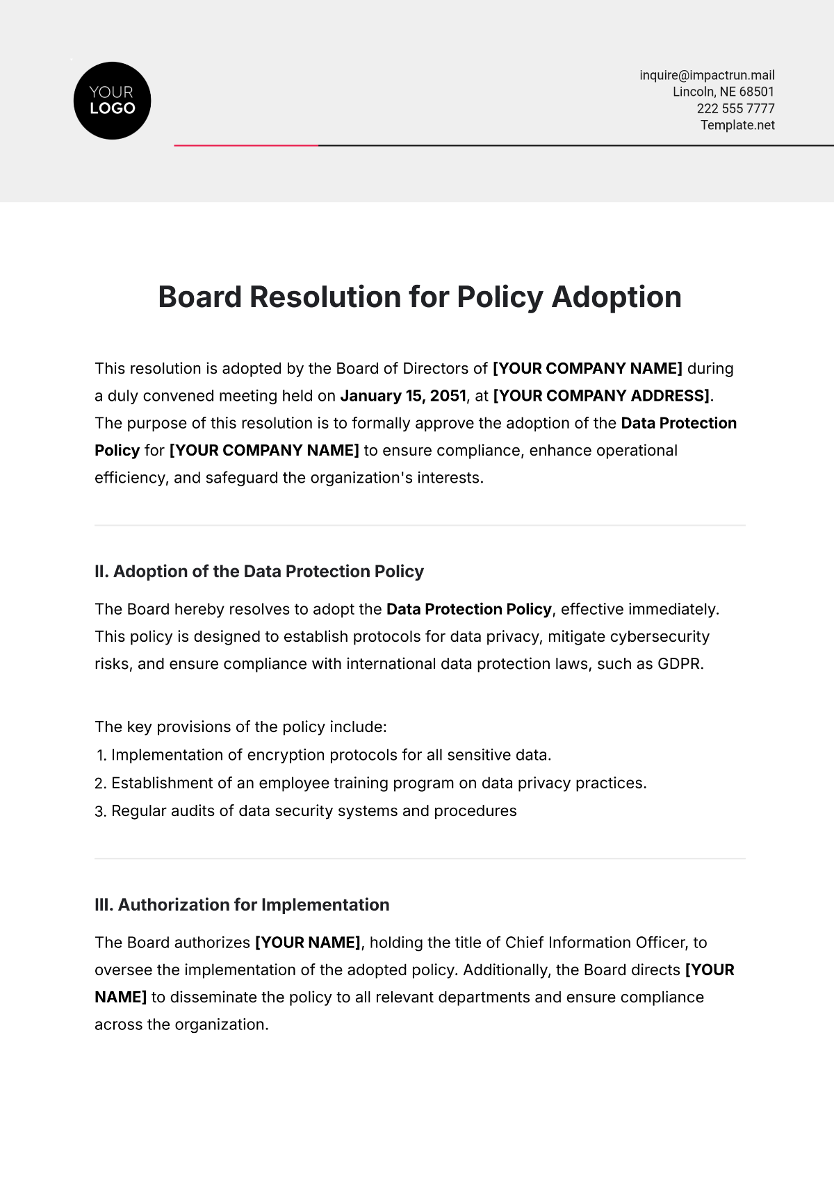 Free Board Resolution for Policy Adoption Template to Edit Online