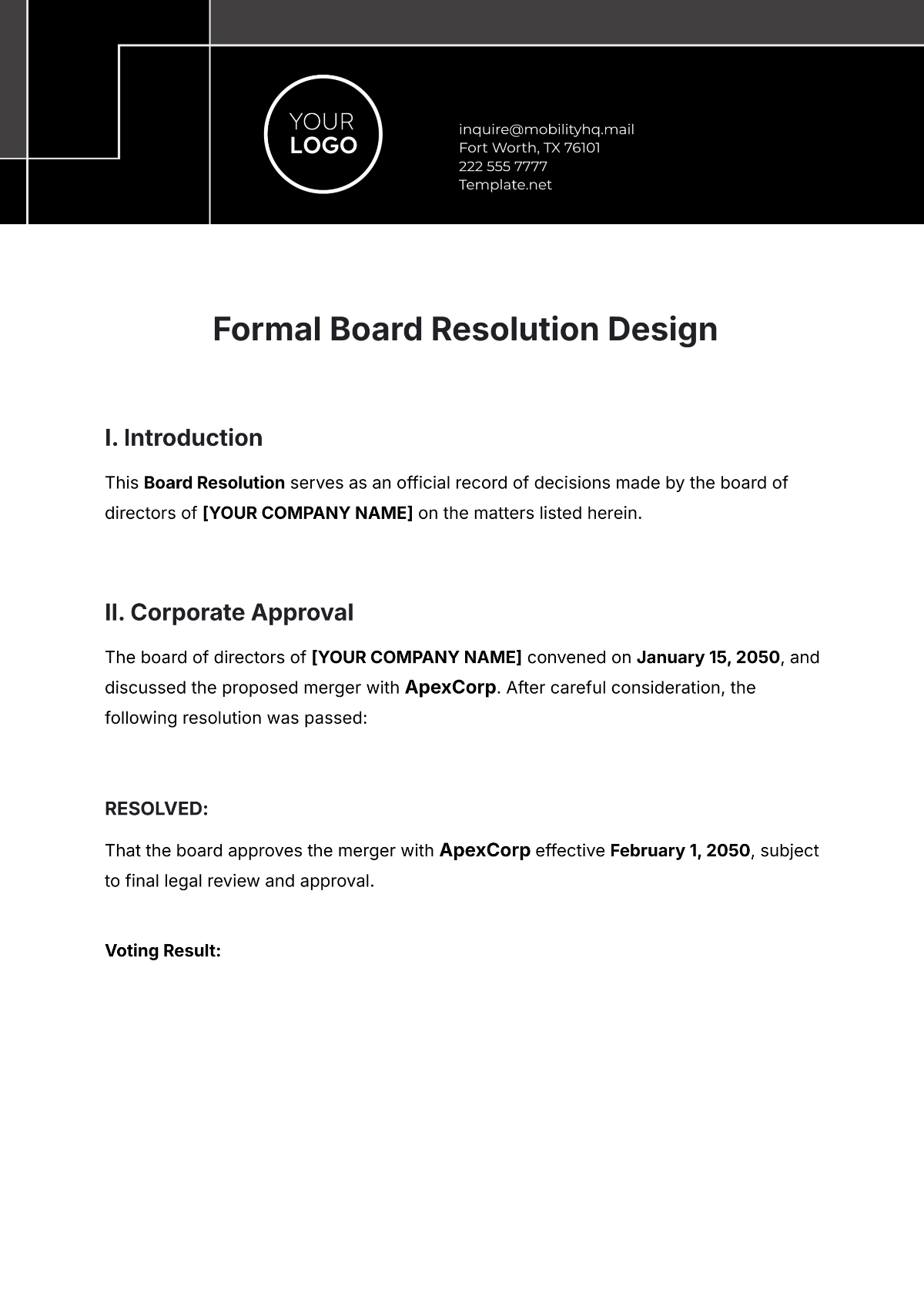 Free Formal Board Resolution Design Template to Edit Online