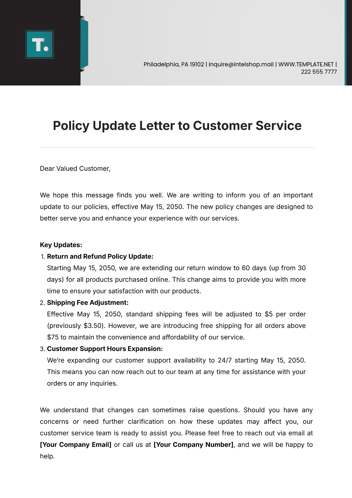 Policy Update Letter to Customer Service Template - Edit Online & Download