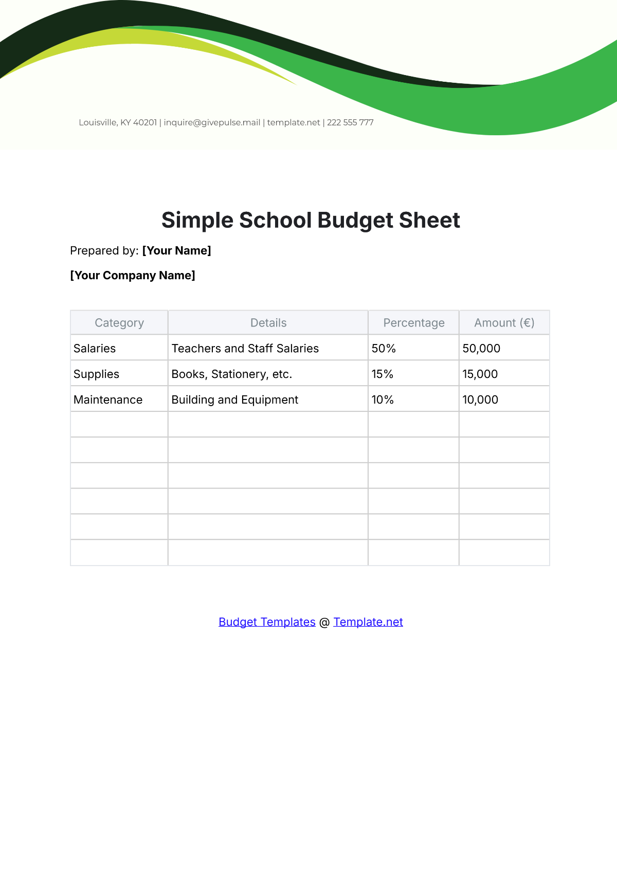 Free Simple School Budget Sheet Template