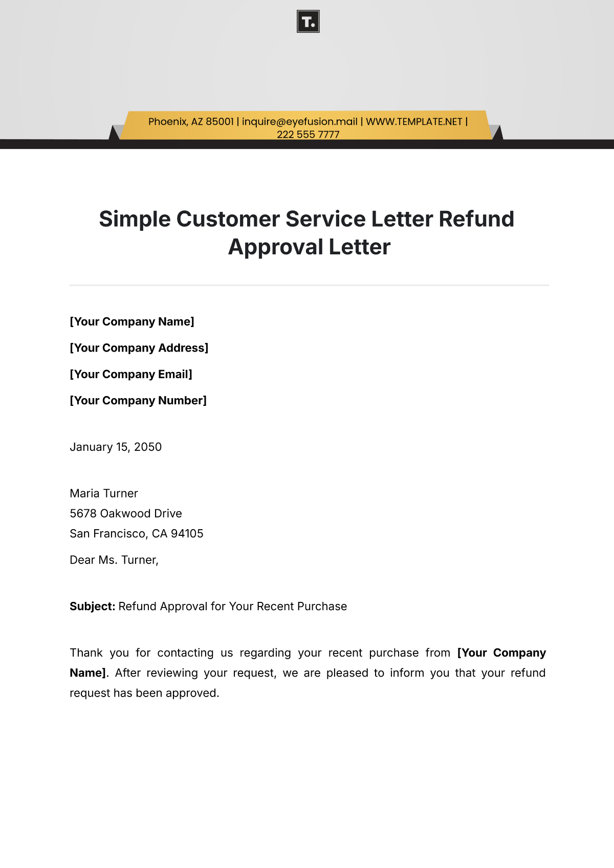 Simple Customer Service Letter Refund Approval Letter Template - Edit Online & Download