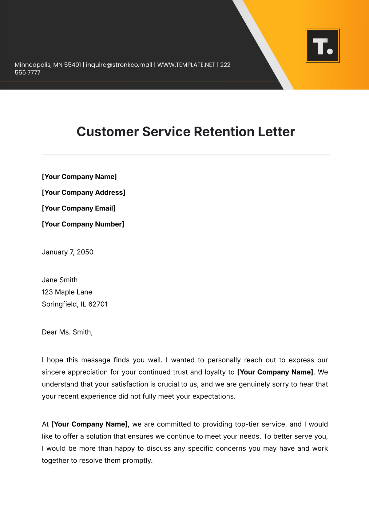 Customer Service Retention Letter Template - Edit Online & Download