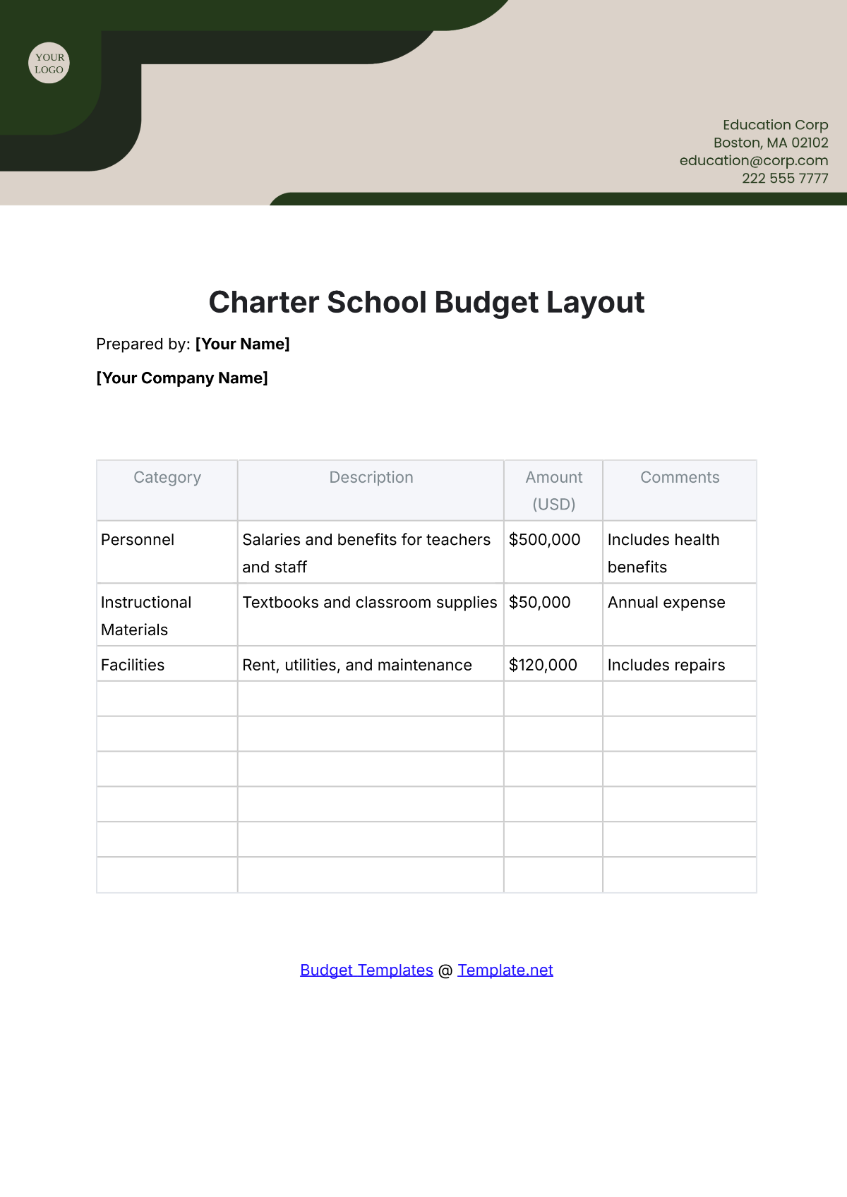 Free Charter School Budget Layout Template