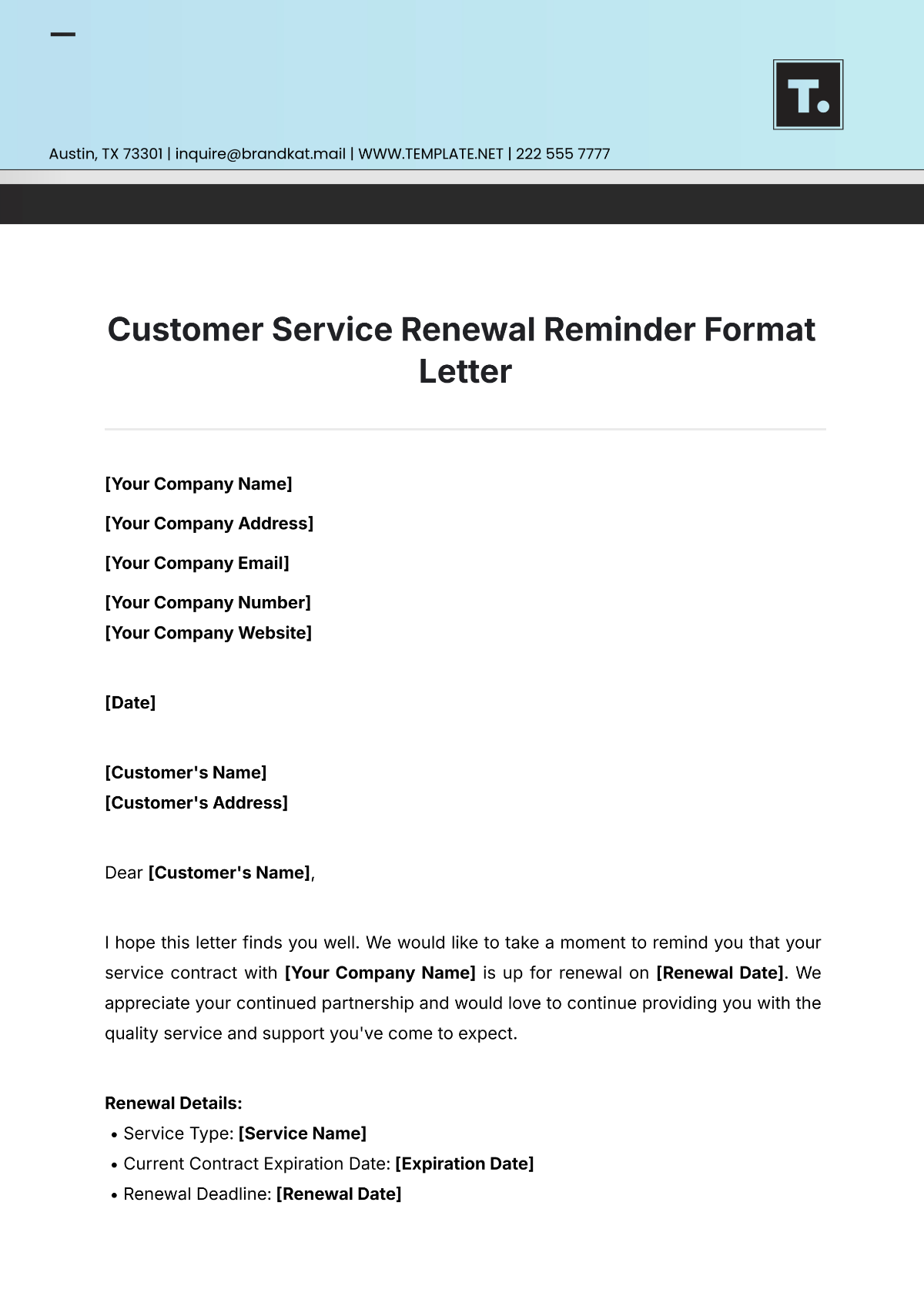 Customer Service Renewal Reminder Format Letter Template - Edit Online & Download