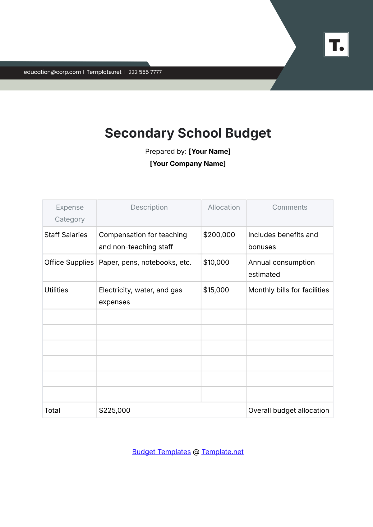 Free Secondary School Budget Template